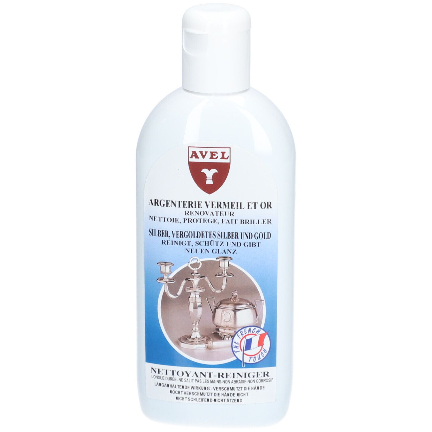 Flasche AVEL Silberreiniger. Etikett mit Produktname, Abbildung von Silberbesteck und französischem Logo.
