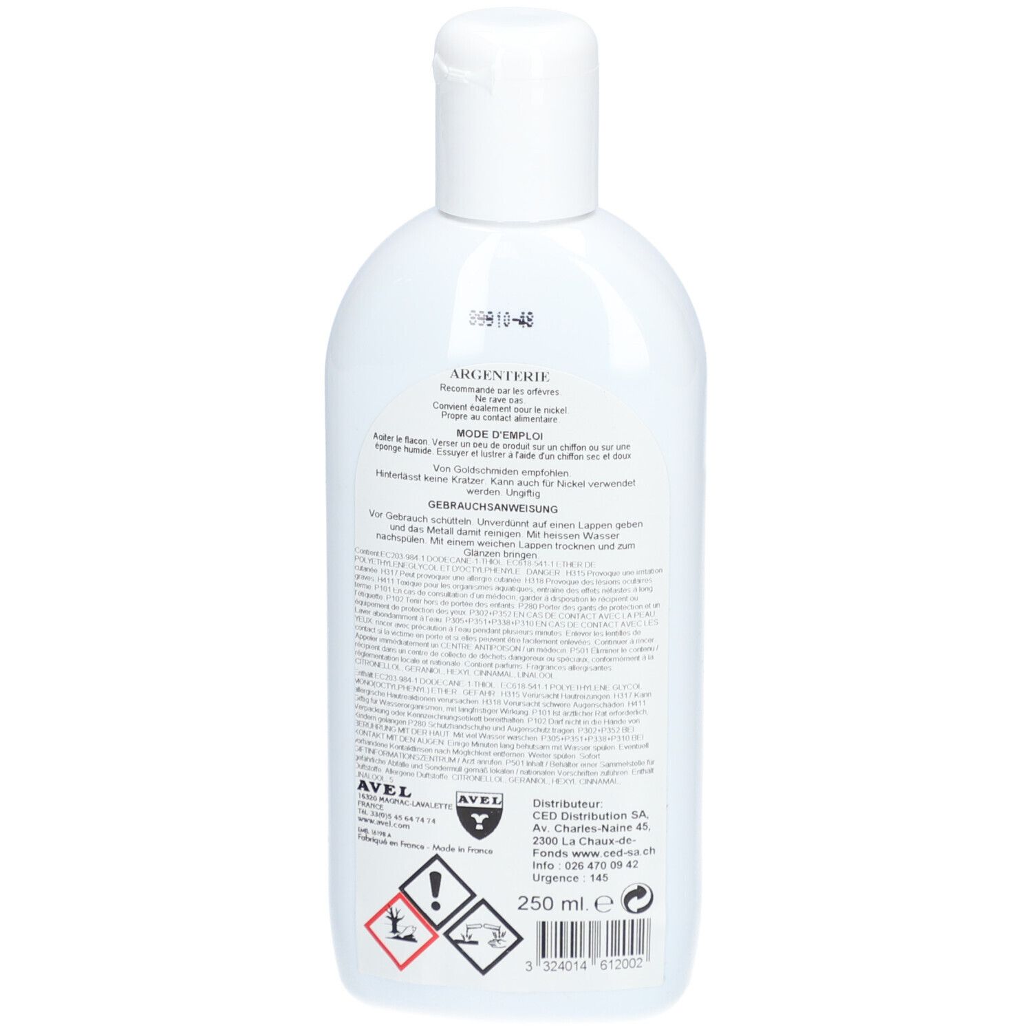 Rückseite der AVEL Silberreiniger Flasche. Text in mehreren Sprachen, Warnhinweise und Barcode.
