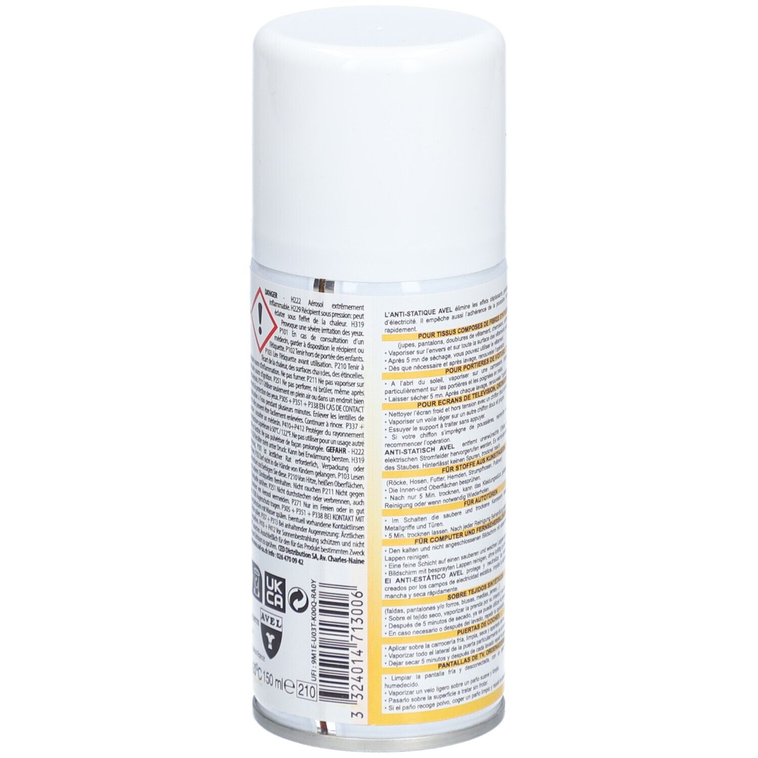 Spray blanc avec bouchon blanc. Texte en français. Inscription: AVEL, ANTI-STATIQUE. Avertissements, numéro de lot.