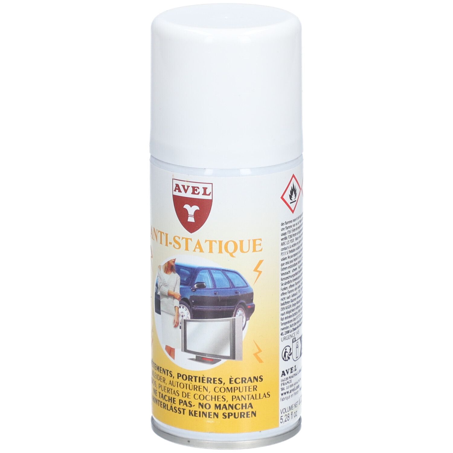 Spray blanc avec bouchon blanc. Inscription: AVEL, ANTI-STATIQUE. Illustration: femme, voiture, télévision. Volume: 5.28 fl oz.