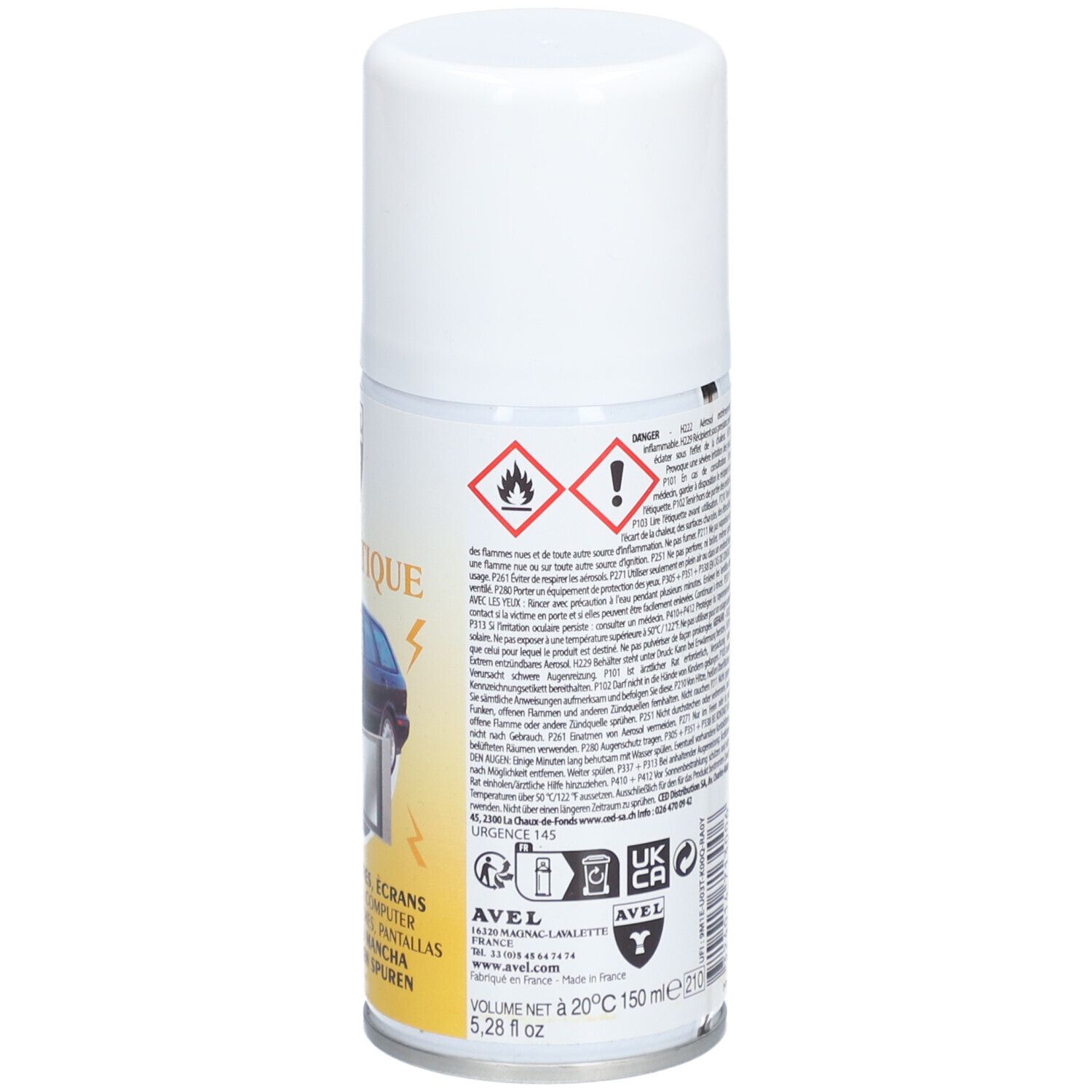 Spray blanc avec bouchon blanc. Inscription: AVEL, ANTI-STATIQUE. Avertissements. Volume: 5.28 fl oz.