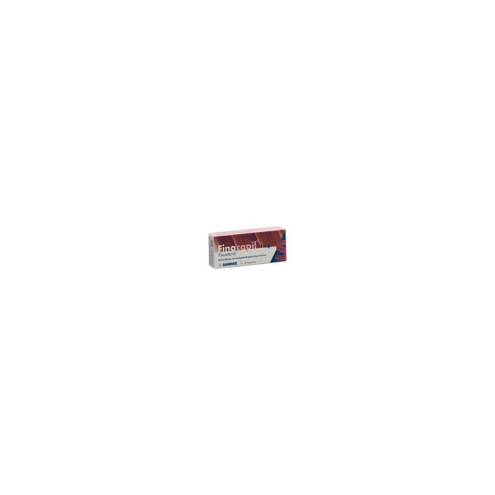 Boîte en carton avec design rouge et blanc. Inscription : Finacapil Filmtabl 1 mg. 28 pièces. Marque : SANOS.