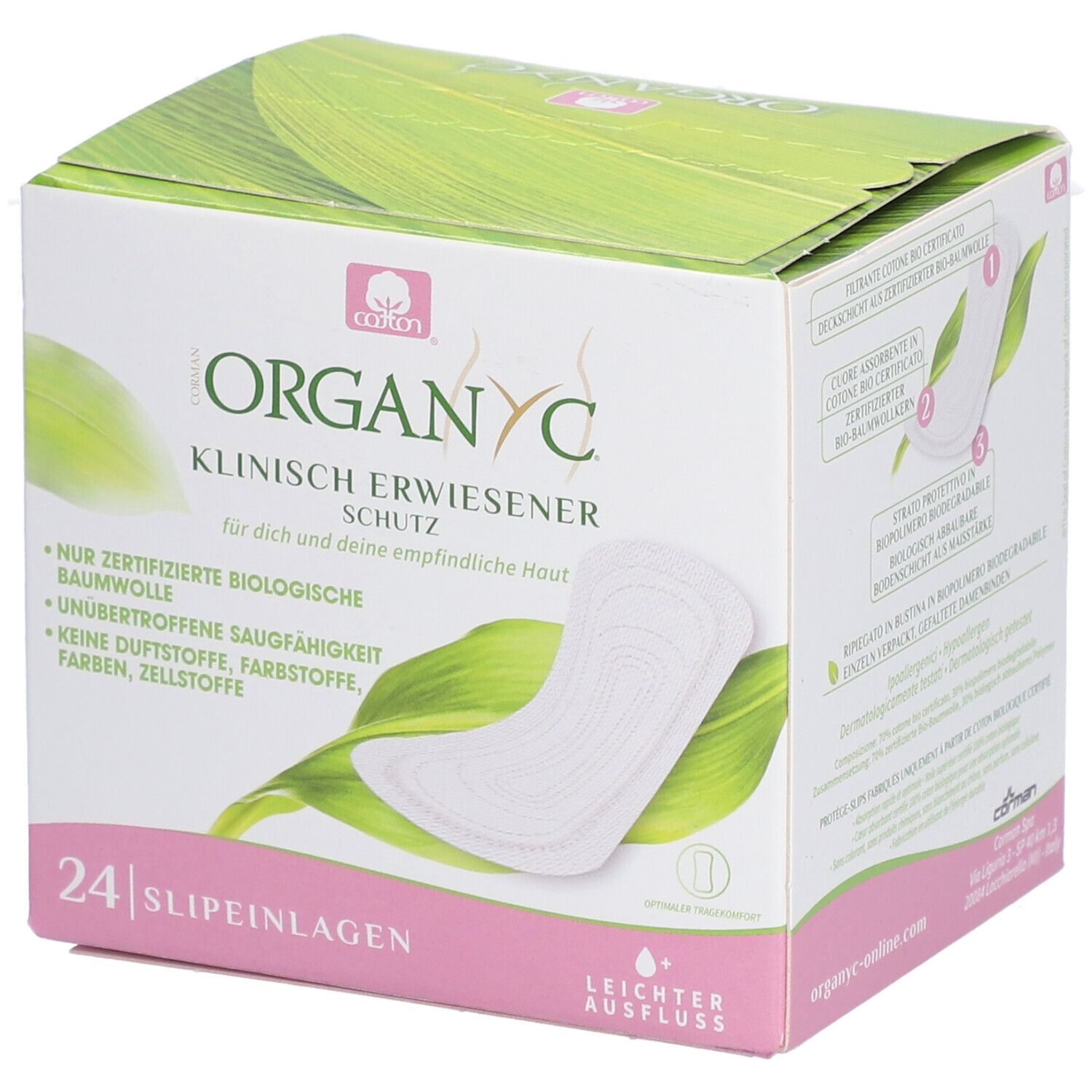 Boîte ORGANYC avec 24 protège-slips. Protection cliniquement prouvée. Coton bio certifié, sans parfum ni colorant.