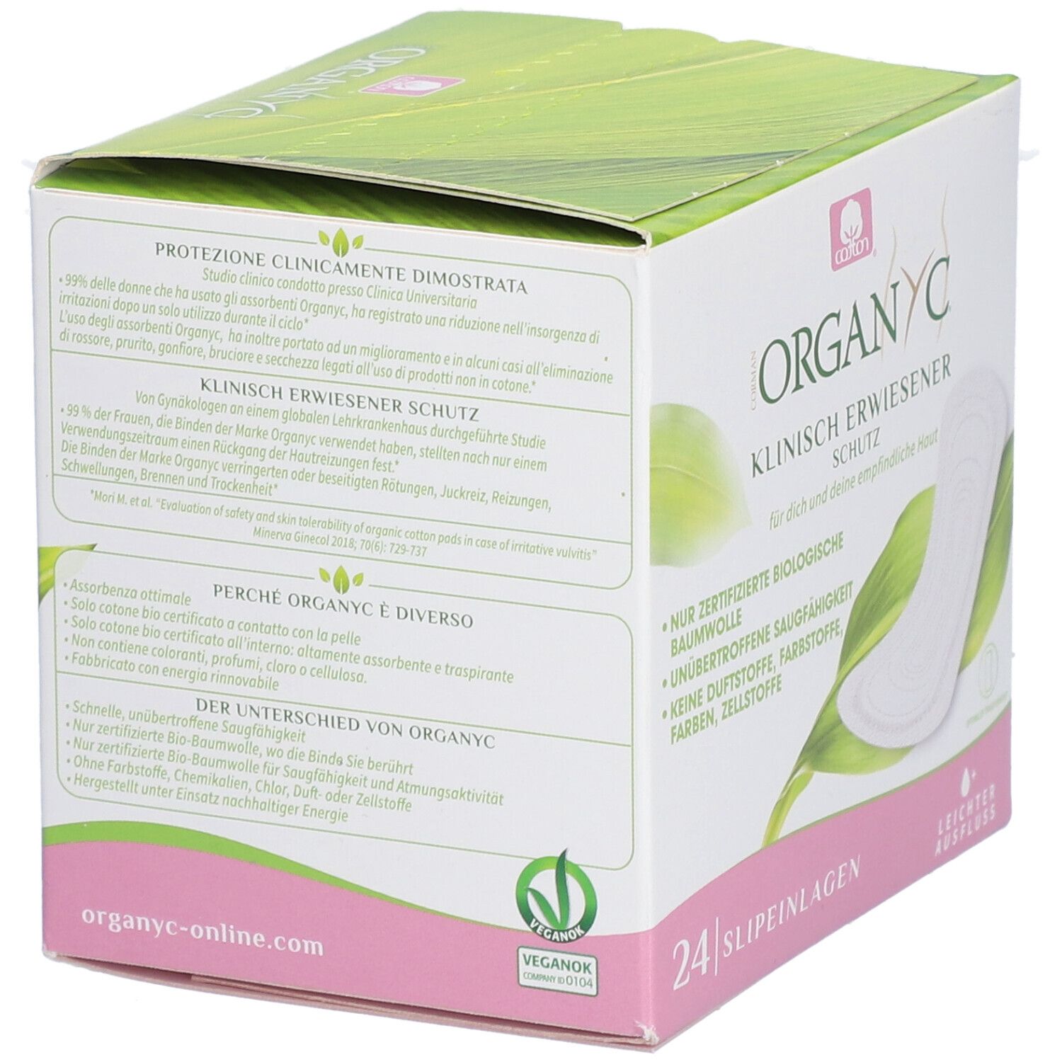 Boîte ORGANYC avec 24 protège-slips. Protection cliniquement prouvée. Certification Vegan. Détails de composition sur l'emballage.