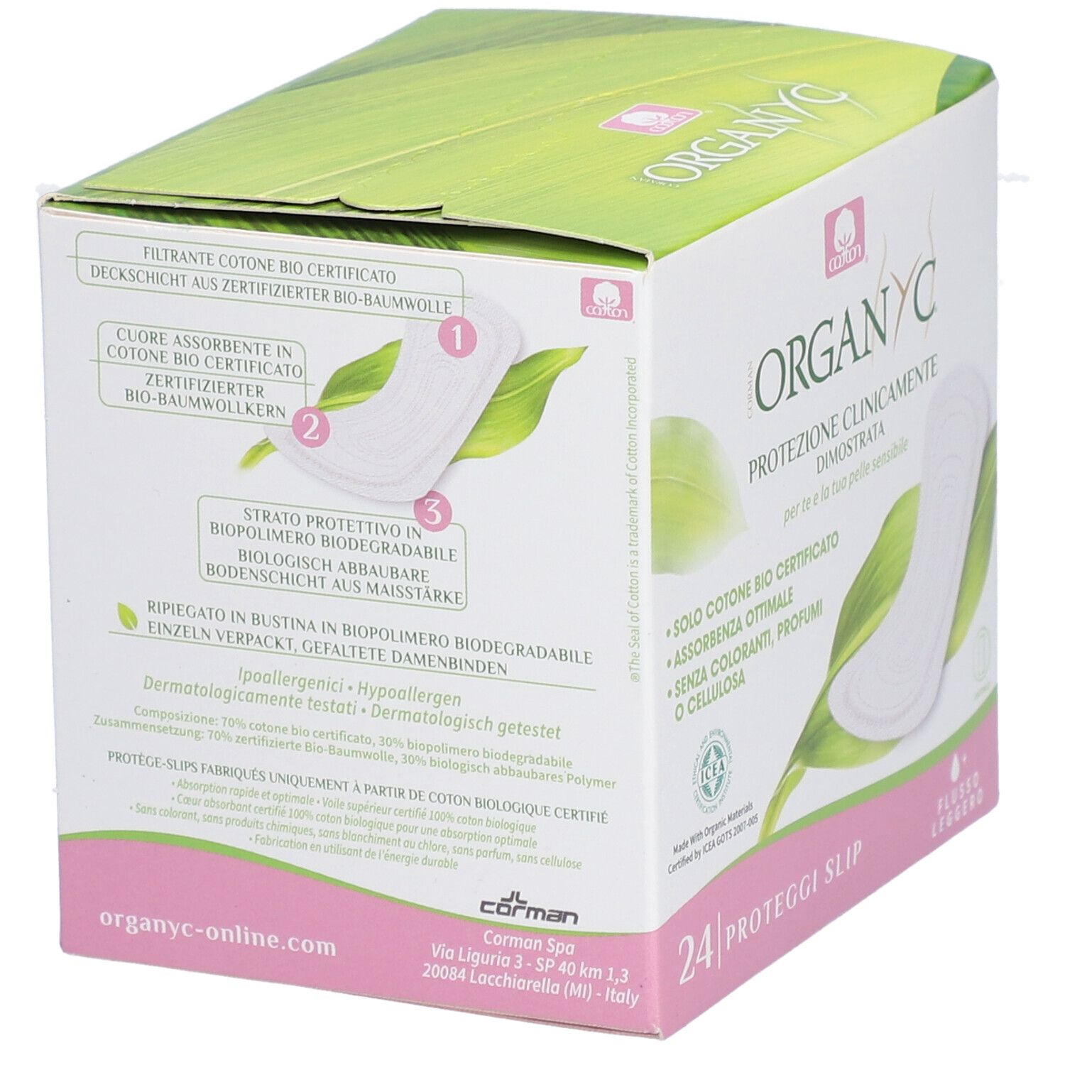 Boîte ORGANYC avec 24 protège-slips. Protection avec coton bio. Détails de composition et certifications sur l'emballage.