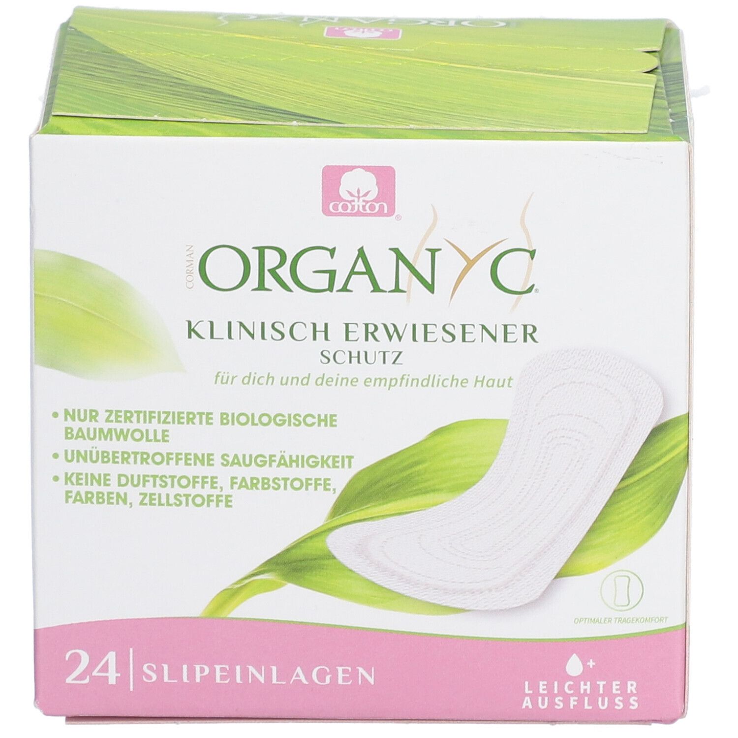 Boîte ORGANYC avec 24 protège-slips. Protection cliniquement prouvée. Coton bio certifié, sans parfum ni colorant.