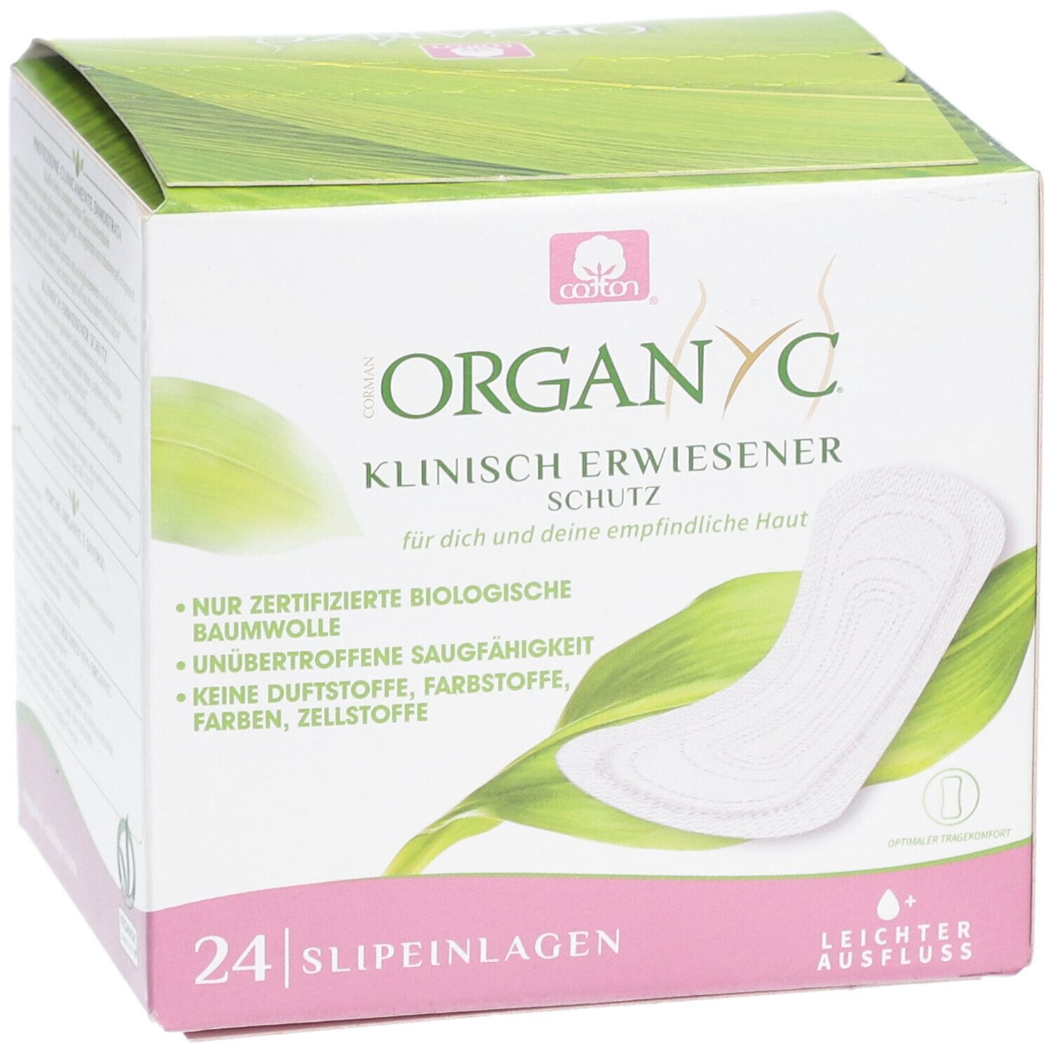 Boîte ORGANYC avec 24 protège-slips. Protection cliniquement prouvée. Coton bio certifié, sans parfum ni colorant.