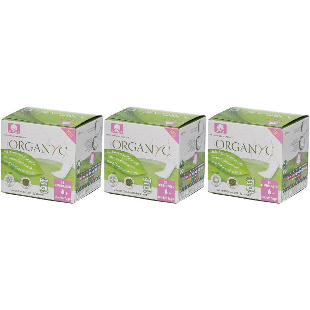 Trois boîtes ORGANYC avec 24 protège-slips. Protection cliniquement prouvée. Coton bio certifié, sans parfum ni colorant.