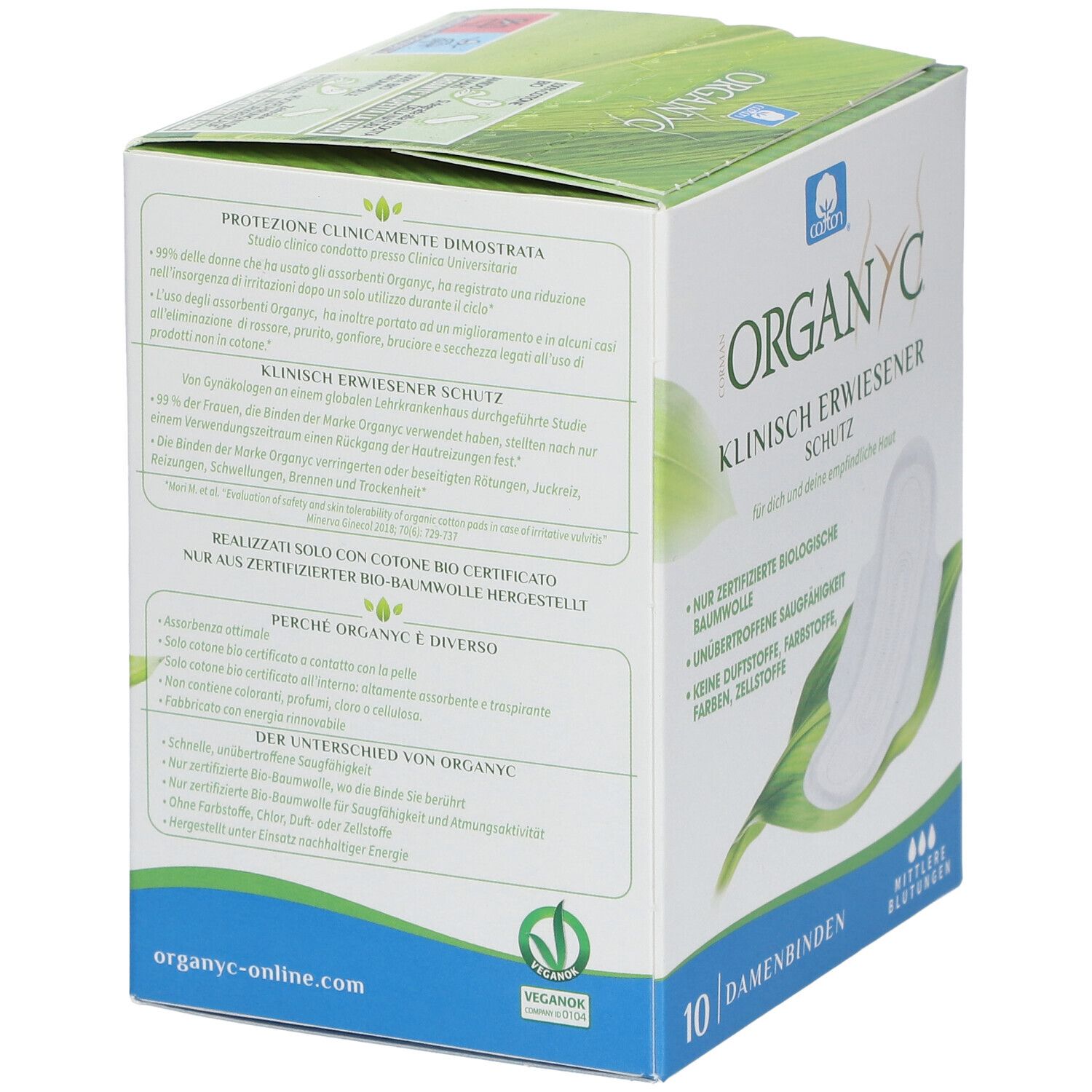 Dos de la boîte ORGANYC. Texte en italien. Logo : VeganOK. 10 serviettes, flux moyen. Coton bio certifié.