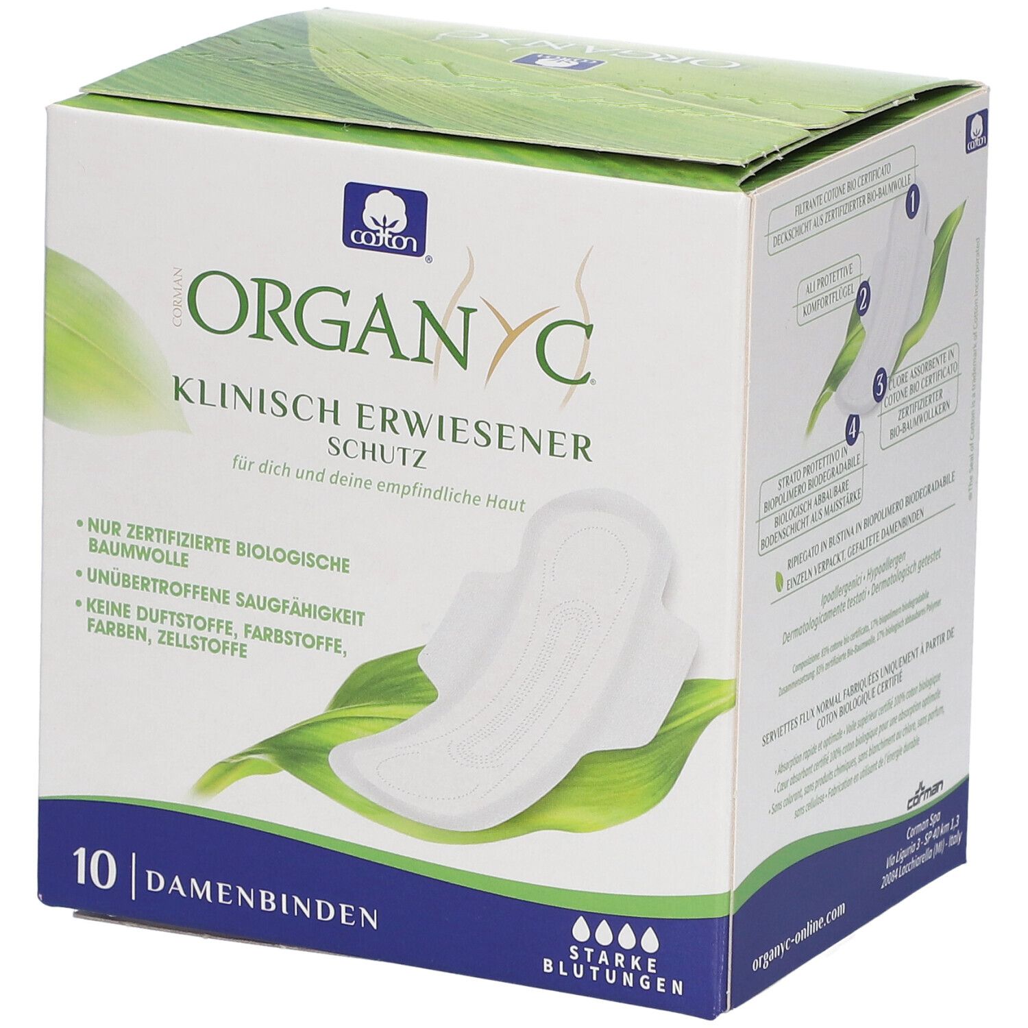 Organyc®-Verpackung mit 10 Damenbinden. Klinisch erwiesener Schutz. Zertifizierte Bio-Baumwolle. Für starke Blutungen.