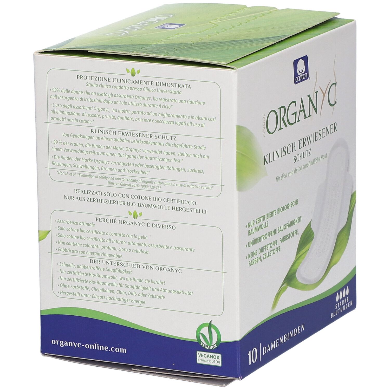 Organyc®-Verpackung mit 10 Damenbinden. Rückseite mit Produktinformationen. Zertifiziertes Bio-Baumwolle. Vegan.