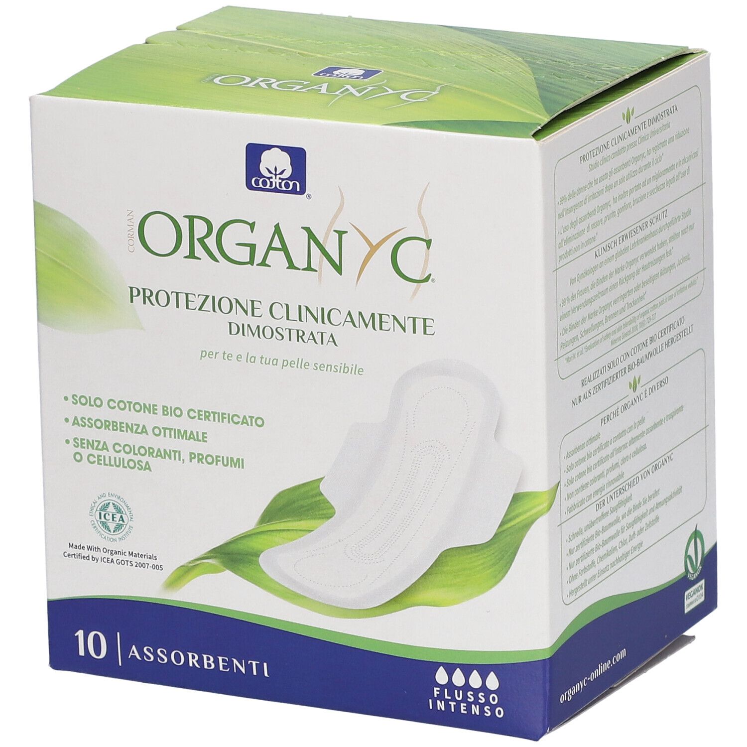 Organyc®-Verpackung mit 10 Assorbenti. Klinisch nachgewiesene Schutz. Bio-Baumwolle. Für sensible Haut.