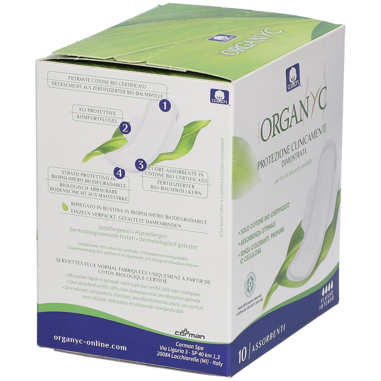 Organyc®-Verpackung mit 10 Assorbenti. Klinisch nachgewiesene Schutz. Bio-Baumwolle. Für sensible Haut.