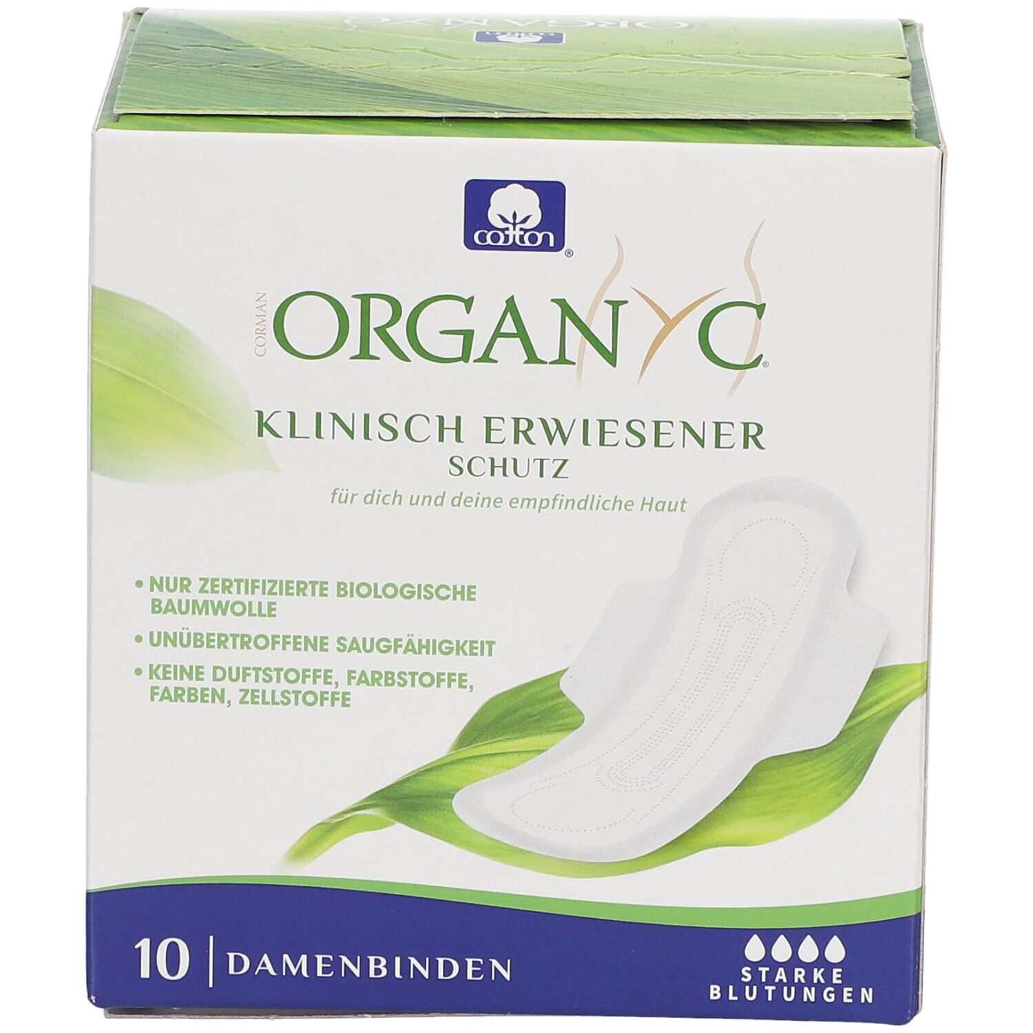 Organyc®-Verpackung mit 10 Damenbinden. Klinisch erwiesener Schutz. Zertifizierte Bio-Baumwolle. Für starke Blutungen.