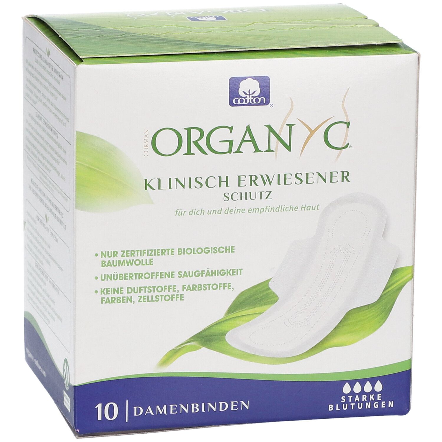 Organyc®-Verpackung mit 10 Damenbinden. Klinisch erwiesener Schutz. Zertifizierte Bio-Baumwolle. Für starke Blutungen.