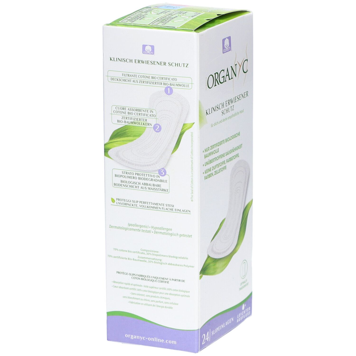 Verpackung von ORGANYC Slipeinlagen. Seitenansicht mit Produktinformationen und Zertifizierungen. Enthält 24 Stück.