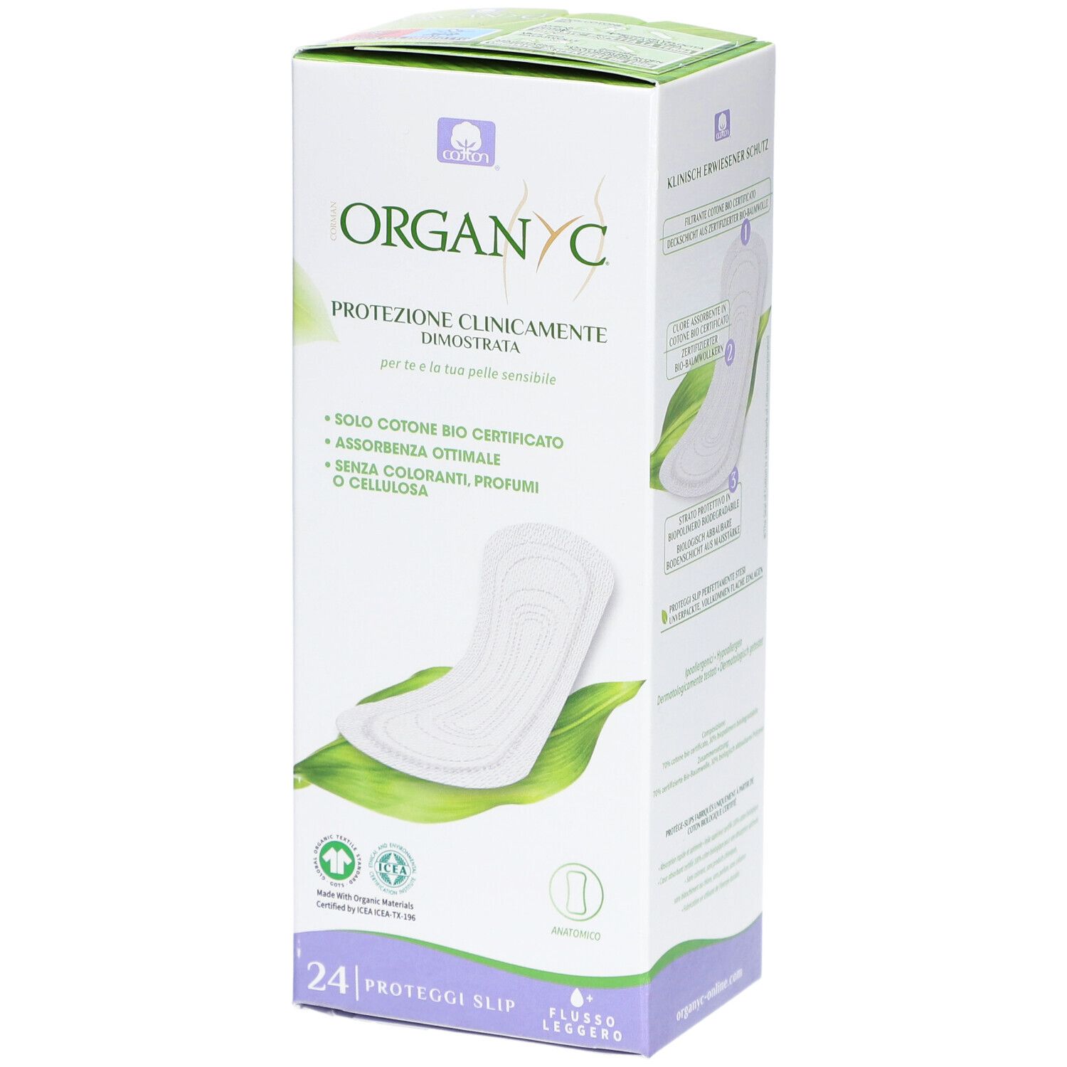 Verpackung von ORGANYC Slipeinlagen. Enthält 24 Stück. Aufdruck: Klinisch erwiesener Schutz. Zertifizierte Bio-Baumwolle.