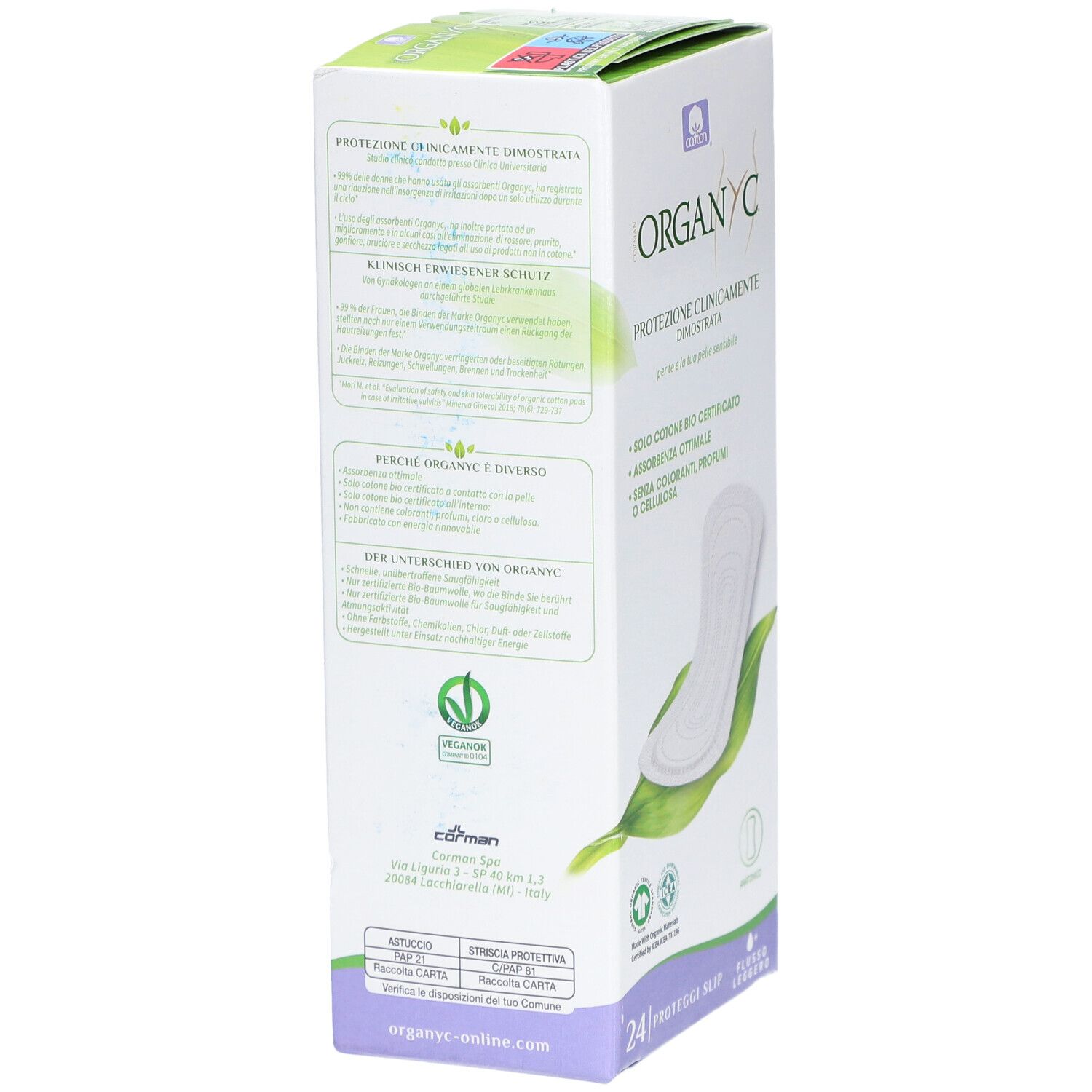 Verpackung von ORGANYC Slipeinlagen. Seitenansicht mit Produktinformationen und Zertifizierungen. Enthält 24 Stück.