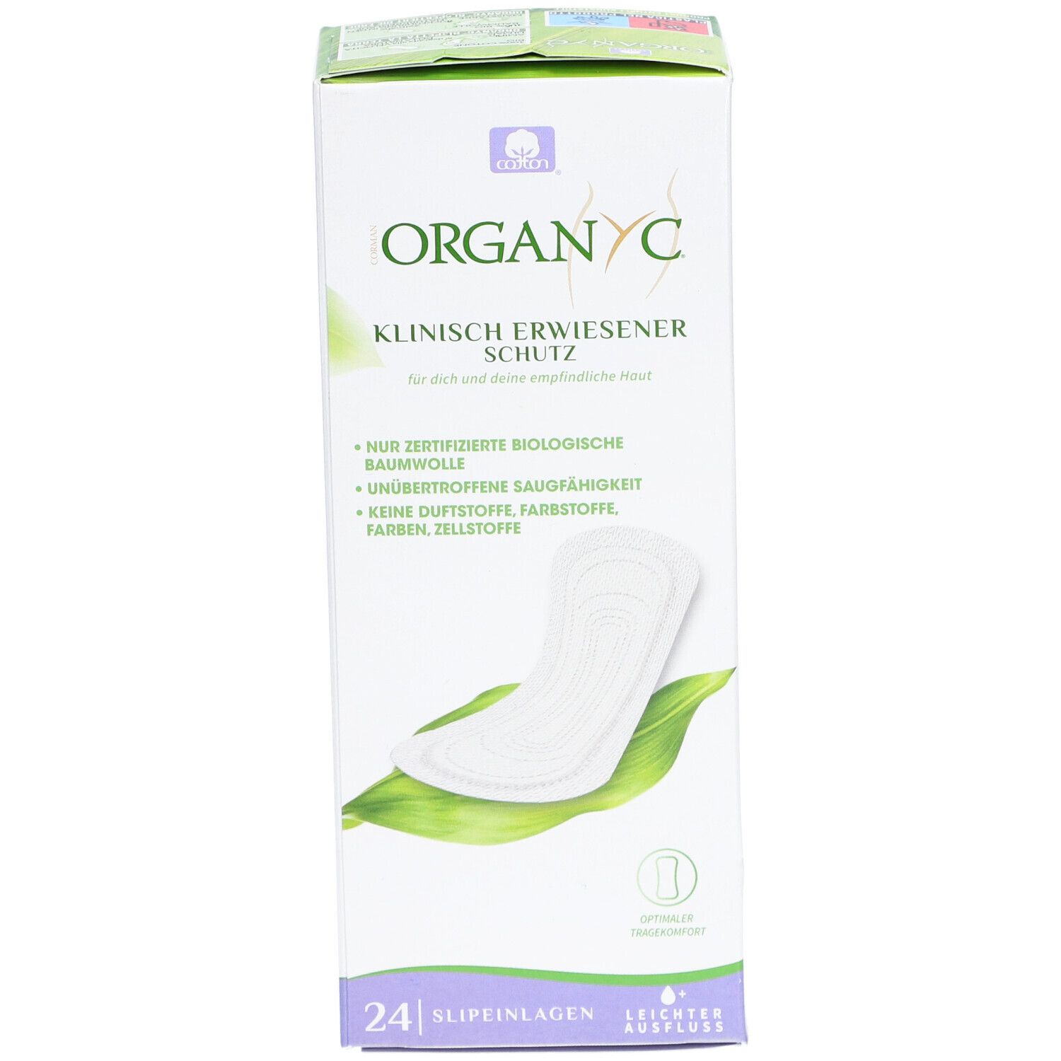 Verpackung von ORGANYC Slipeinlagen. Enthält 24 Stück. Aufdruck: Klinisch erwiesener Schutz. Zertifizierte Bio-Baumwolle.
