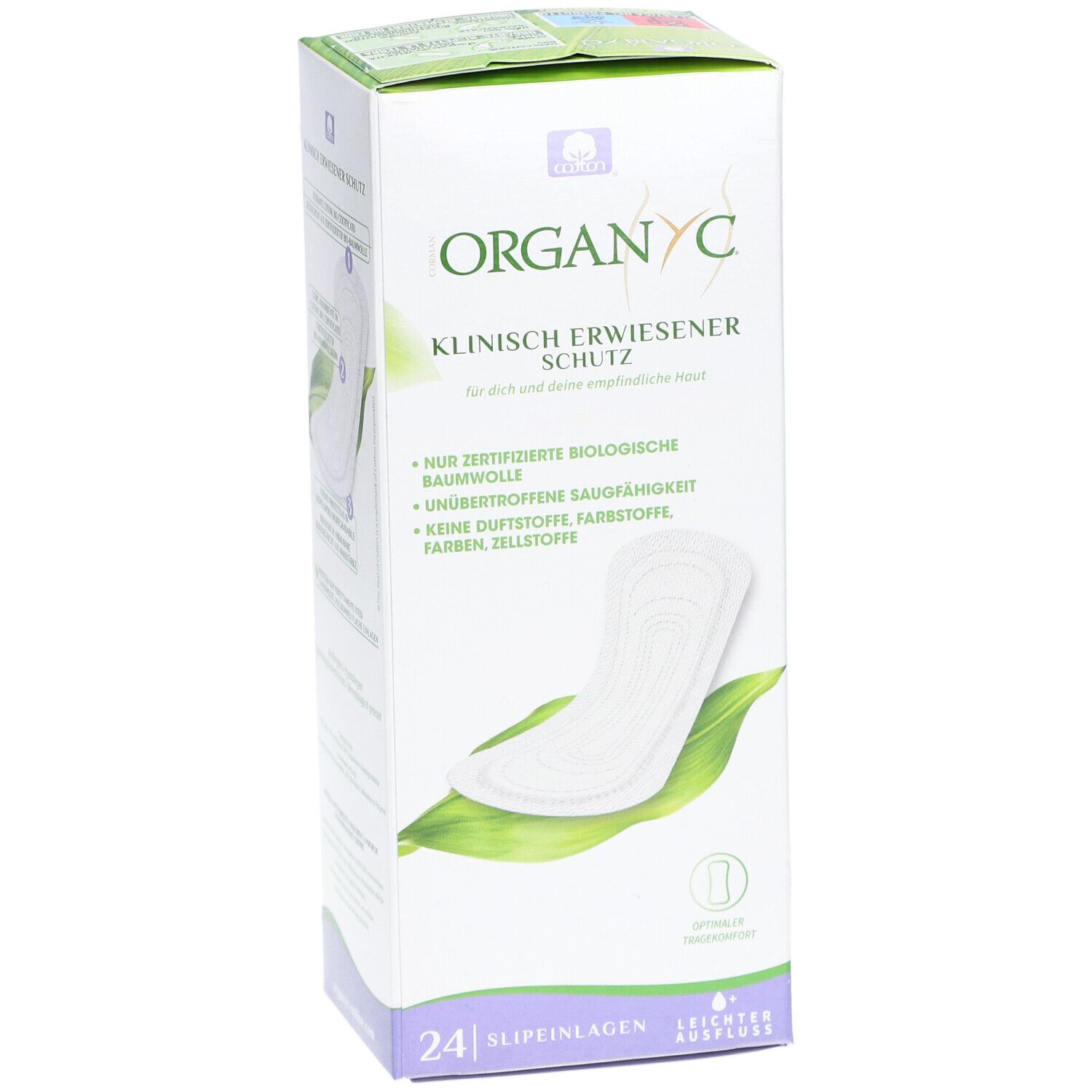 Verpackung von ORGANYC Slipeinlagen. Enthält 24 Stück. Aufdruck: Klinisch erwiesener Schutz. Zertifizierte Bio-Baumwolle.
