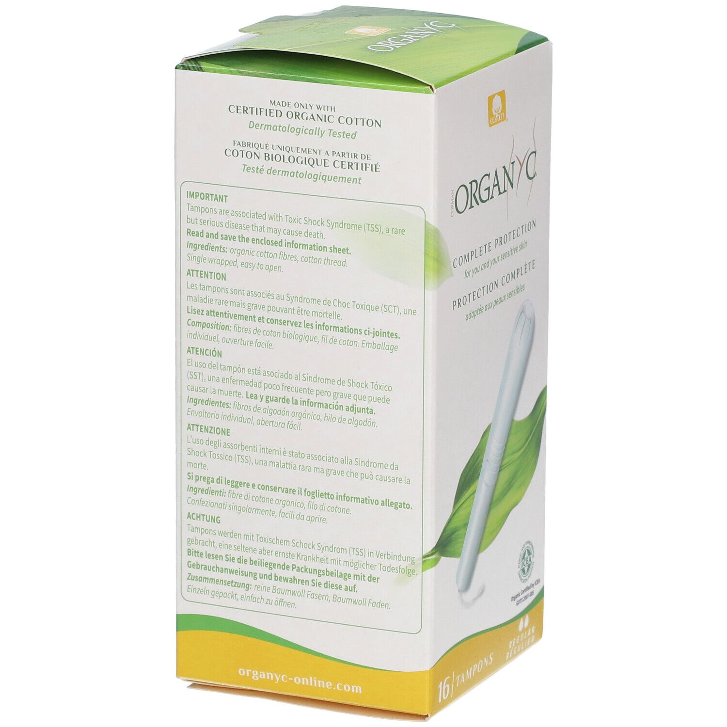 Rückseite der ORGANYC-Verpackung. Textinformationen, Warnhinweise und Inhaltsstoffe. 16 Tampons, Regular.
