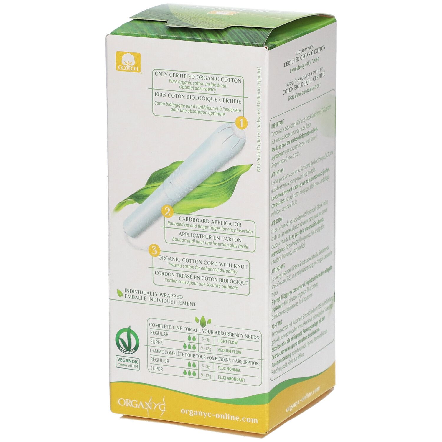 Seite der ORGANYC-Verpackung. Produktmerkmale, Applikator-Details und Absorptionsstufen. 16 Tampons.