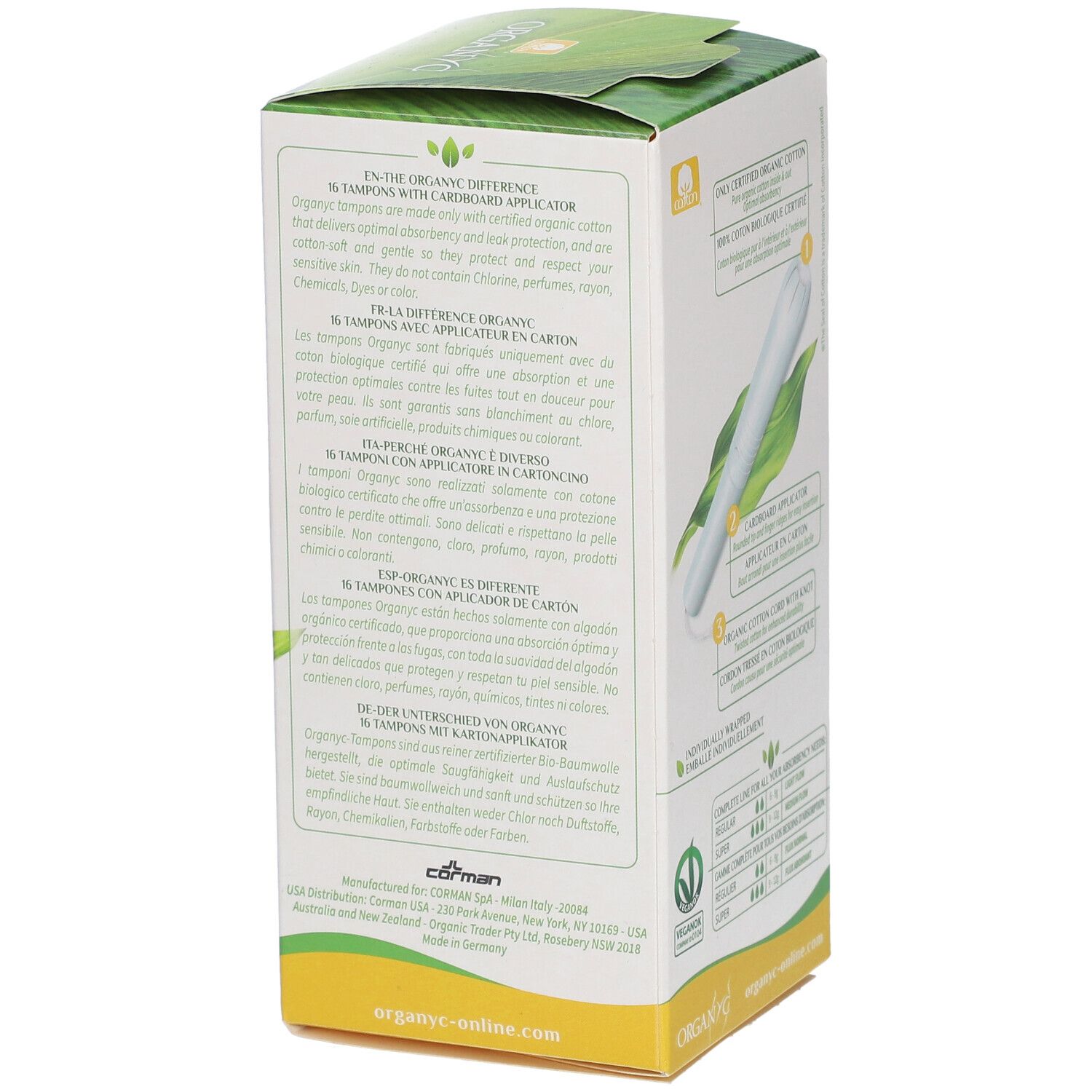 Seite der ORGANYC-Verpackung. Informationen über die Inhaltsstoffe und den Unterschied zu anderen Produkten. 16 Tampons.