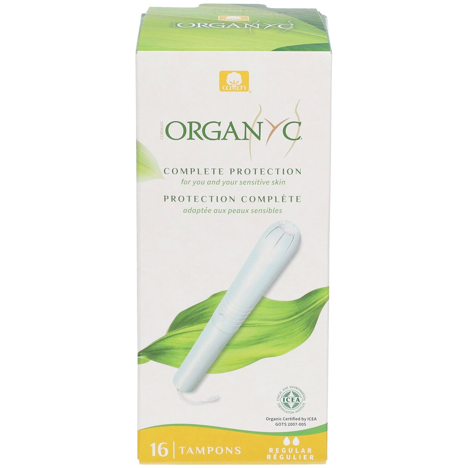 ORGANYC-Verpackung mit Tampons und Applikator. 16 Stück, Regular. Grün-weiße Schachtel mit Produktabbildung.