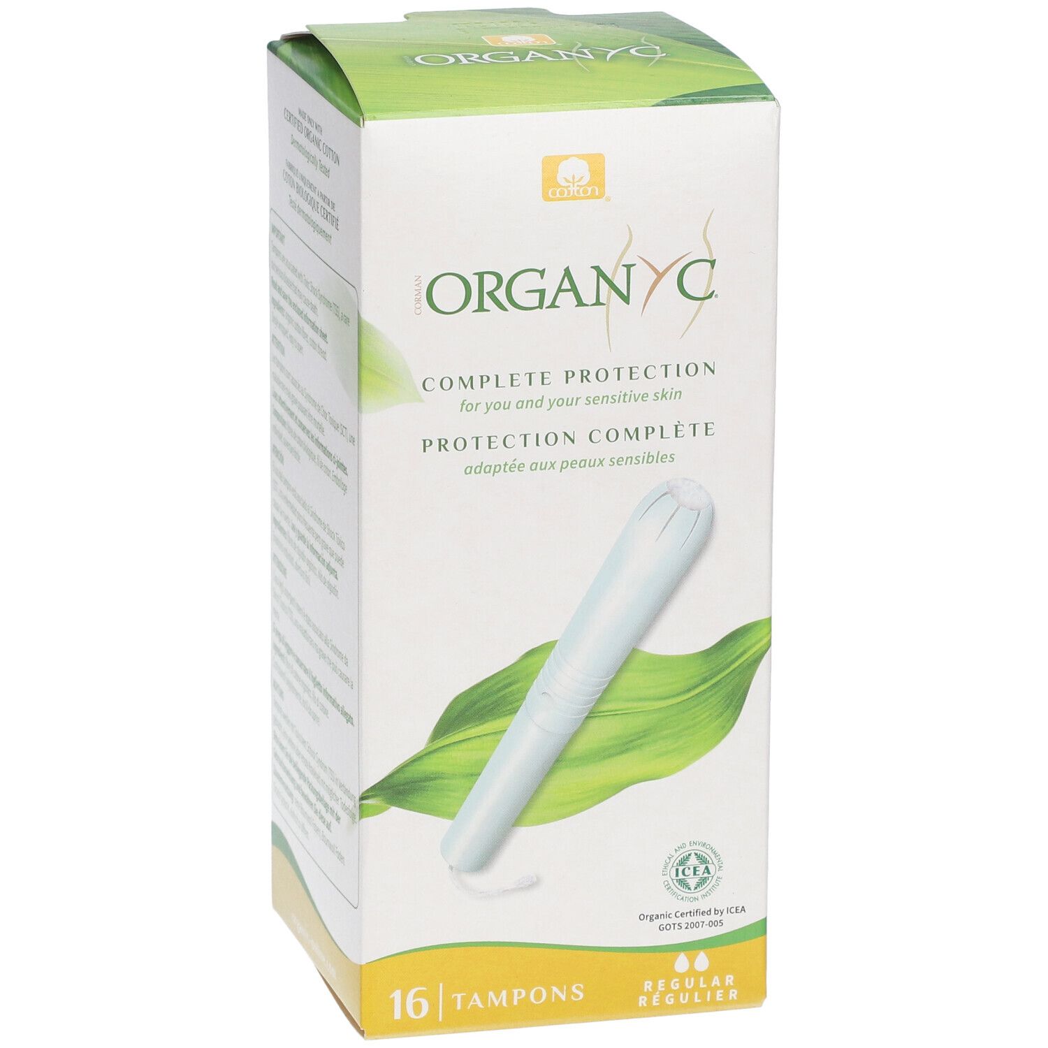 ORGANYC-Verpackung mit Tampons und Applikator. 16 Stück, Regular. Grün-weiße Schachtel mit Produktabbildung.