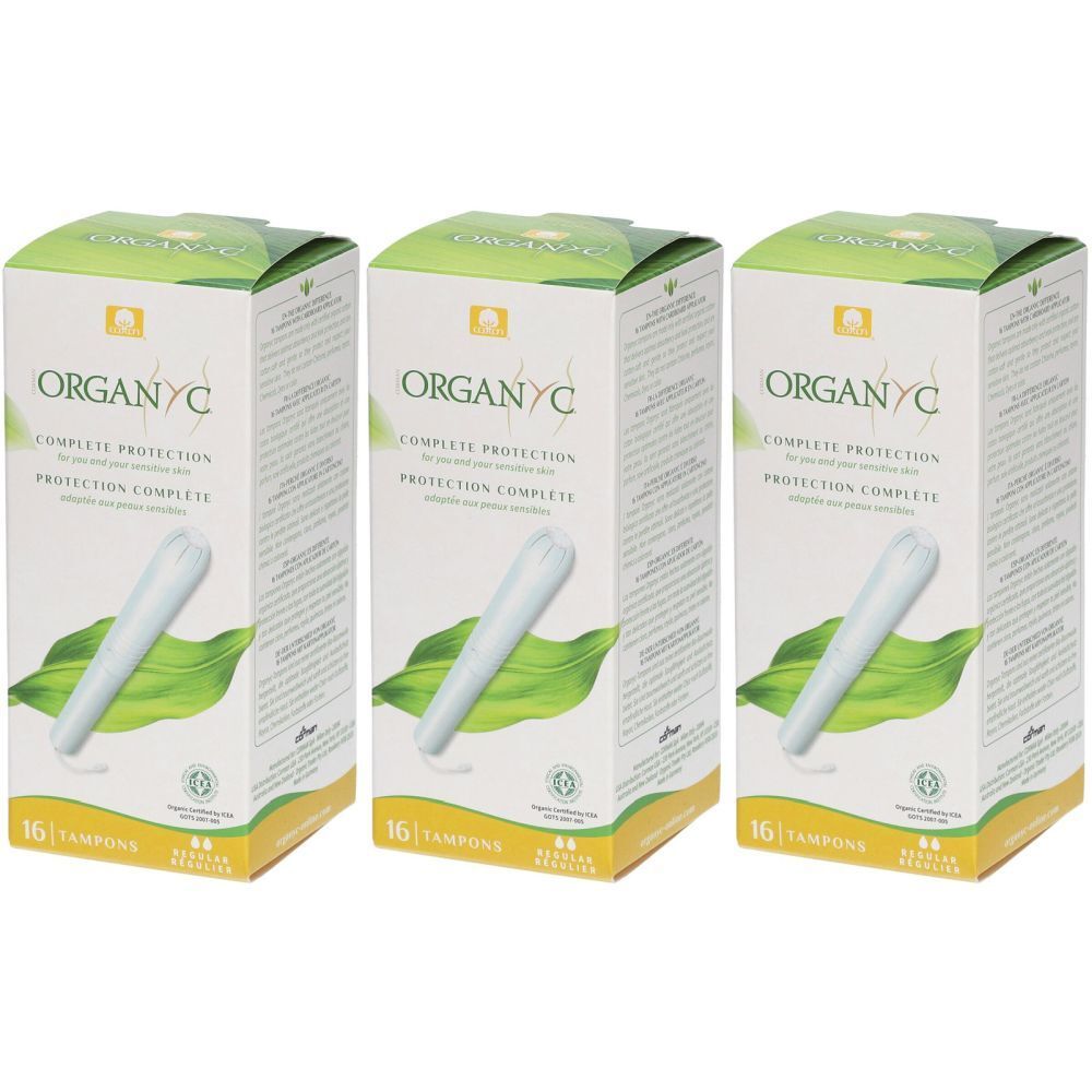 Drei ORGANYC-Verpackungen mit Tampons und Applikator. 16 Stück, Regular. Grün-weiße Schachteln mit Produktabbildung.