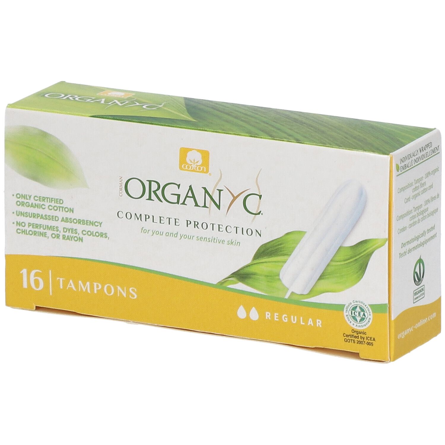ORGANYC Tampons, 16 Stück, Regular. Verpackung mit Produktabbildung und grünen Blättern. Zertifiziertes Bio-Baumwolle.