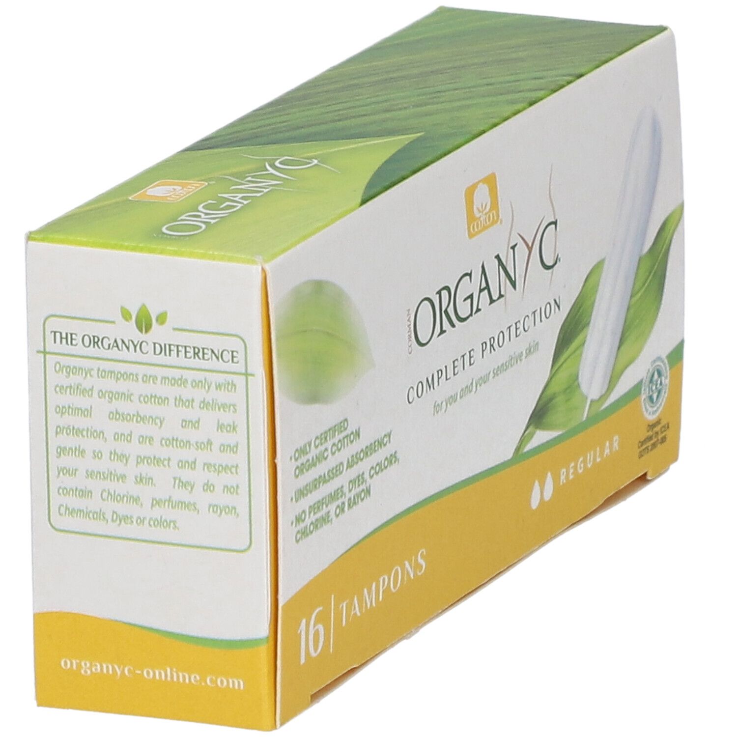 ORGANYC Tampons-Verpackung, schräg. 16 Stück, Regular. Text: 'Complete Protection'. Zertifiziertes Bio-Baumwolle, ohne Duftstoffe.