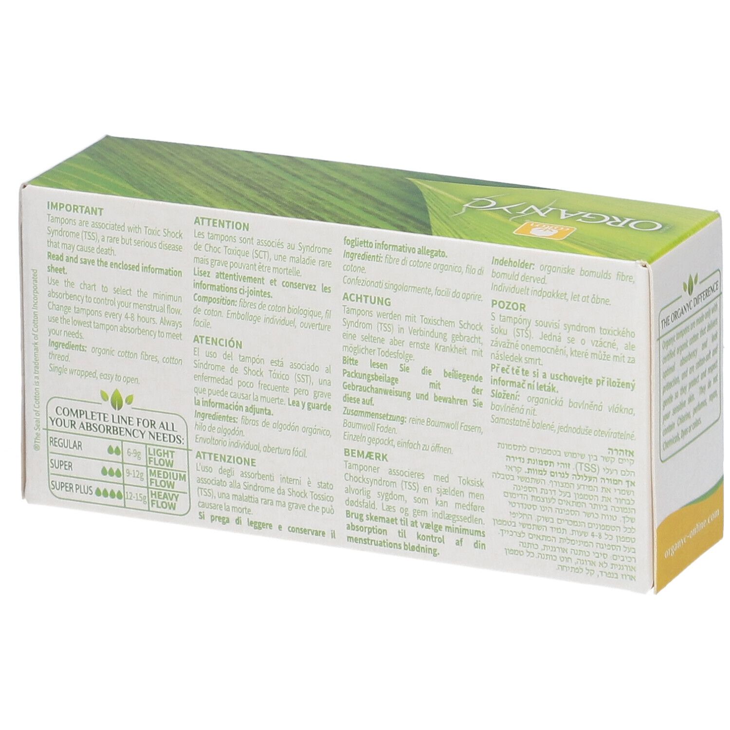 Rückseite der ORGANYC Tampon-Verpackung. Mehrsprachige Texte: Anwendungshinweise, Inhaltsstoffe, Absorptionsstärken. Bio-Zertifizierung.