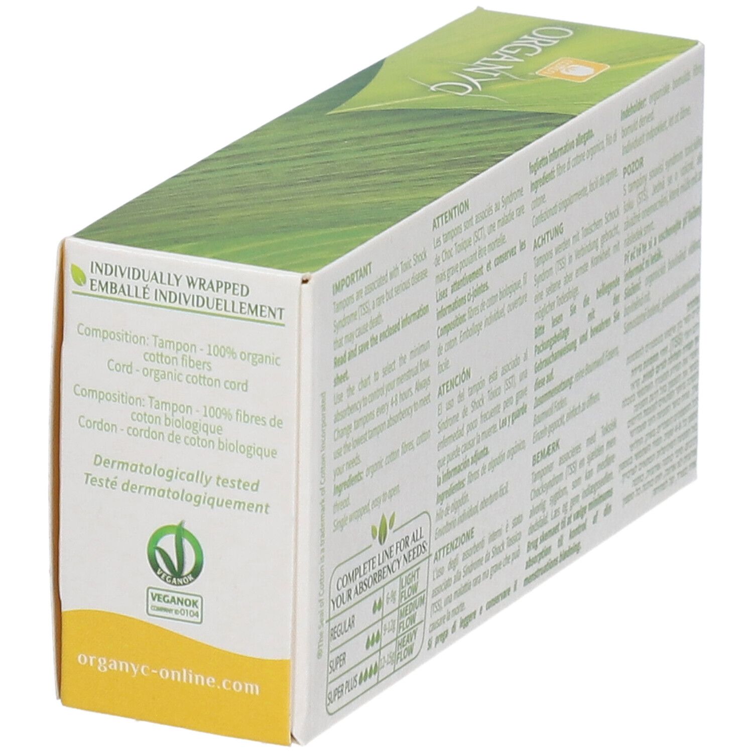 Seite der ORGANYC Tampon-Verpackung. Text: 'Individuell verpackt'. Inhaltsstoffe: Bio-Baumwolle. Dermatologisch getestet. Bio-Siegel.