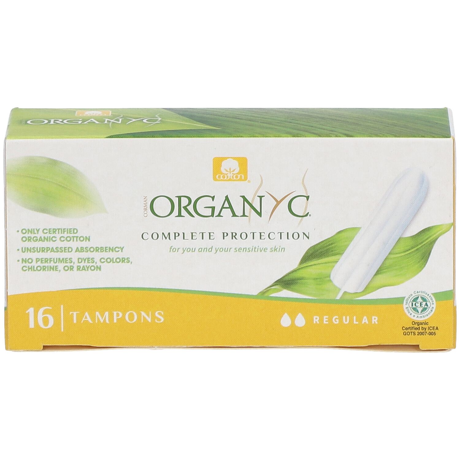 ORGANYC Tampons, 16 Stück, Regular. Verpackung mit Produktabbildung und grünen Blättern. Zertifiziertes Bio-Baumwolle.