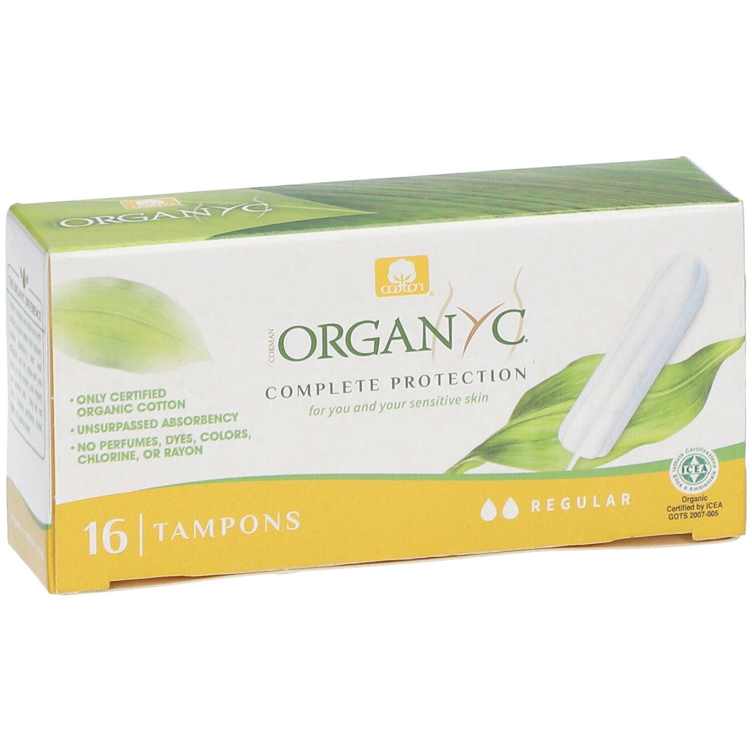 ORGANYC Tampons, 16 Stück, Regular. Verpackung mit Produktabbildung und grünen Blättern. Zertifiziertes Bio-Baumwolle.