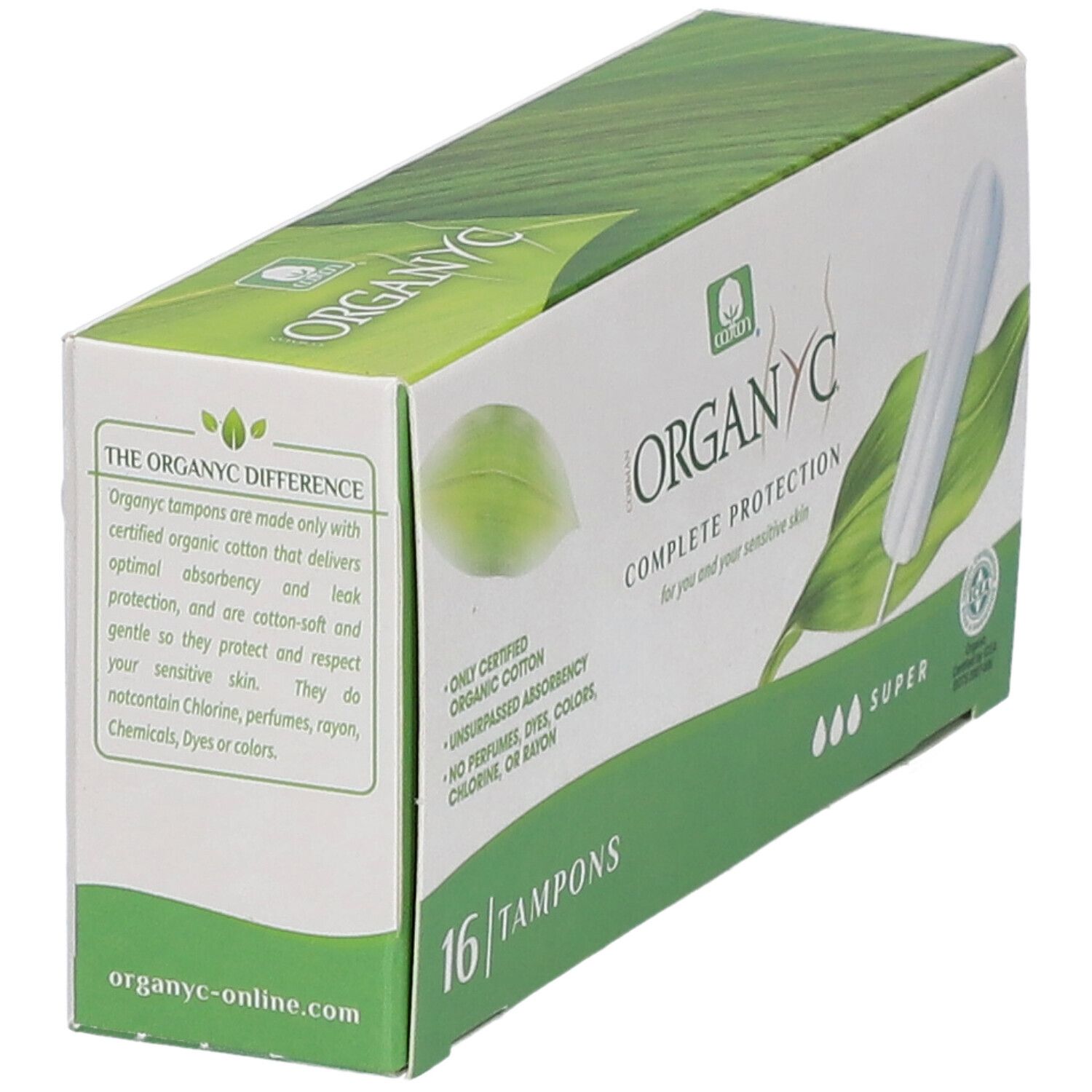Boîte ORGANYC de 16 tampons. Texte sur la marque et les ingrédients. Absorption "Super". Boîte verte et blanche.