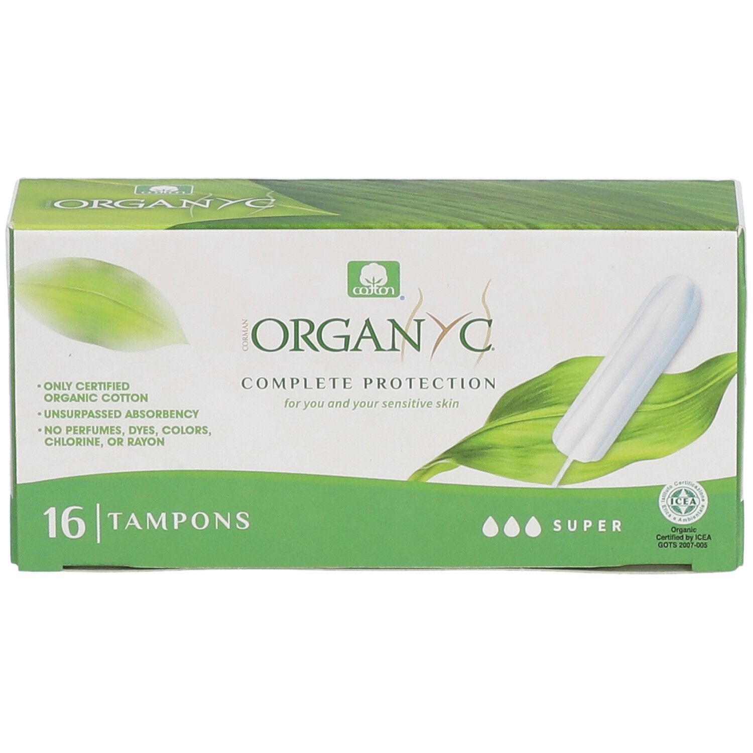 Boîte ORGANYC de 16 tampons. Boîte verte et blanche avec image de tampon. Absorption "Super".