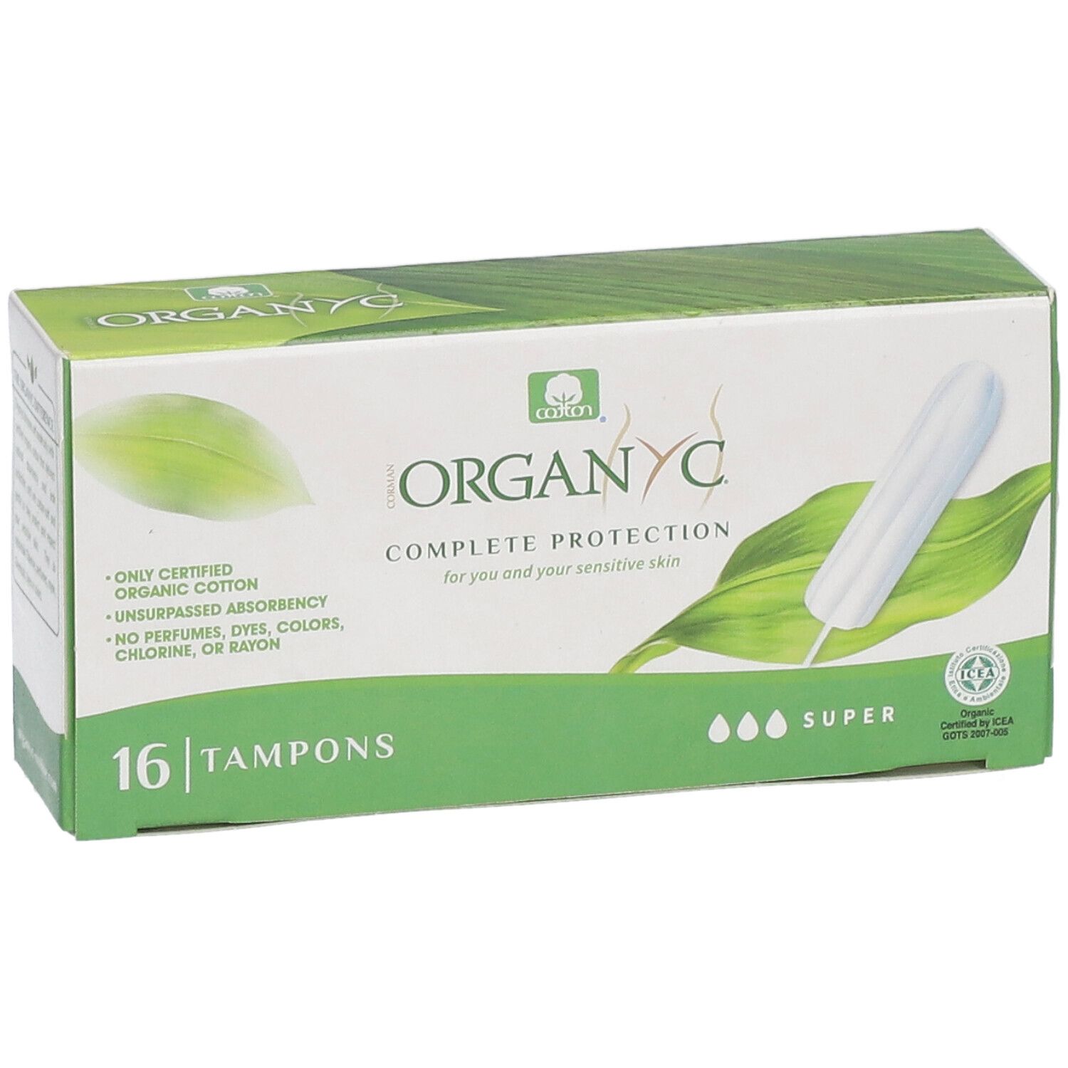 Boîte ORGANYC de 16 tampons. Boîte verte et blanche avec image de tampon. Absorption "Super".