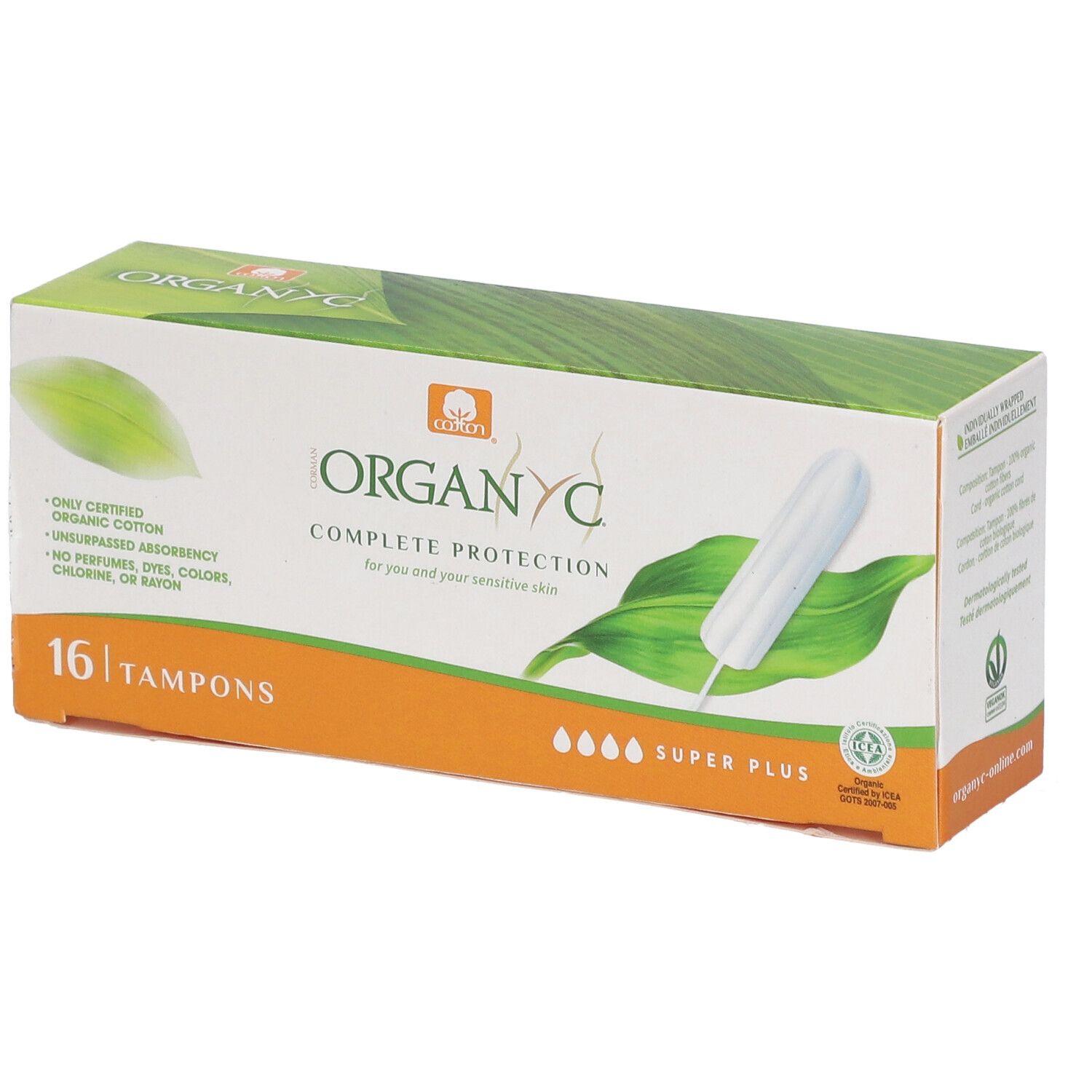 ORGANYC Tampons, 16 Stück, Super Plus. Verpackung mit Produktabbildung und grünen Blättern. Bio-Baumwolle.