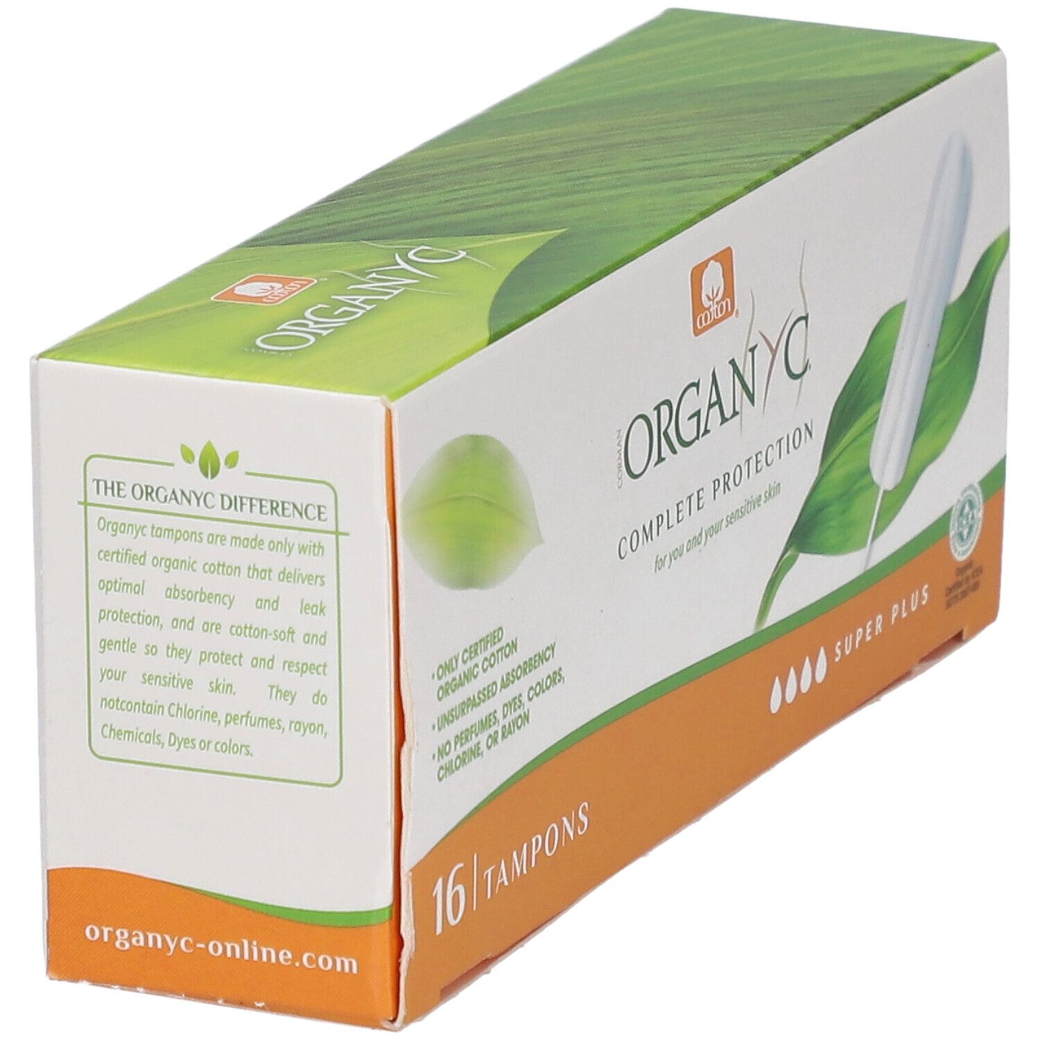 ORGANYC Tampons-Verpackung, Seitenansicht. Text: 'ORGANYC Complete Protection'. 16 Tampons. Bio-Baumwolle, ohne Duftstoffe.