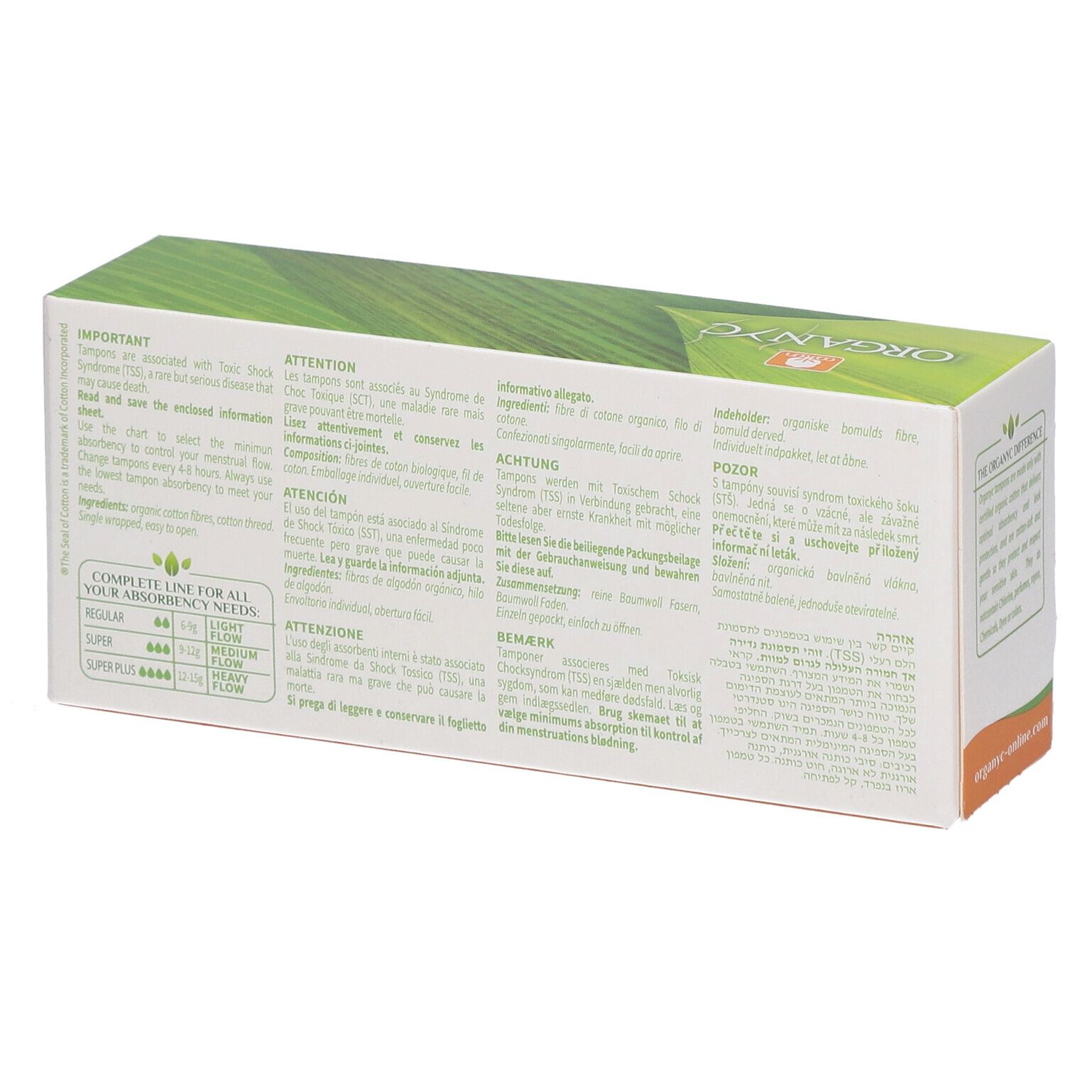 Rückseite der ORGANYC Tampon-Verpackung. Text in mehreren Sprachen. Informationen zur Verwendung und Inhaltsstoffe.