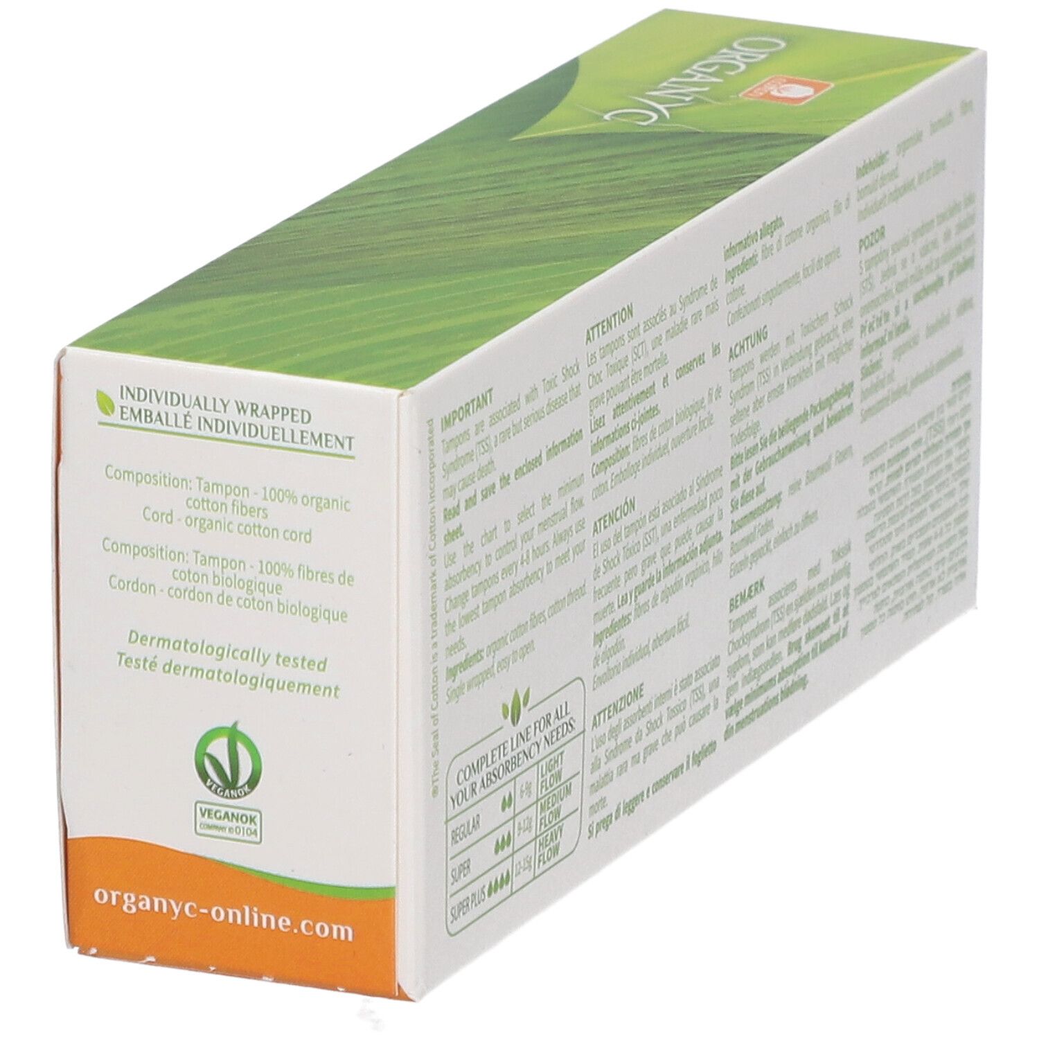 ORGANYC Tampon-Verpackung, Rückseite. Text: 'Individuell verpackt'. Inhaltsstoffe: 100% Bio-Baumwolle.