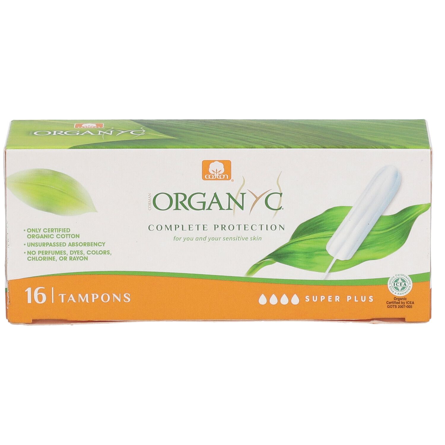 ORGANYC Tampons, 16 Stück, Super Plus. Verpackung mit Produktabbildung und grünen Blättern. Bio-Baumwolle.