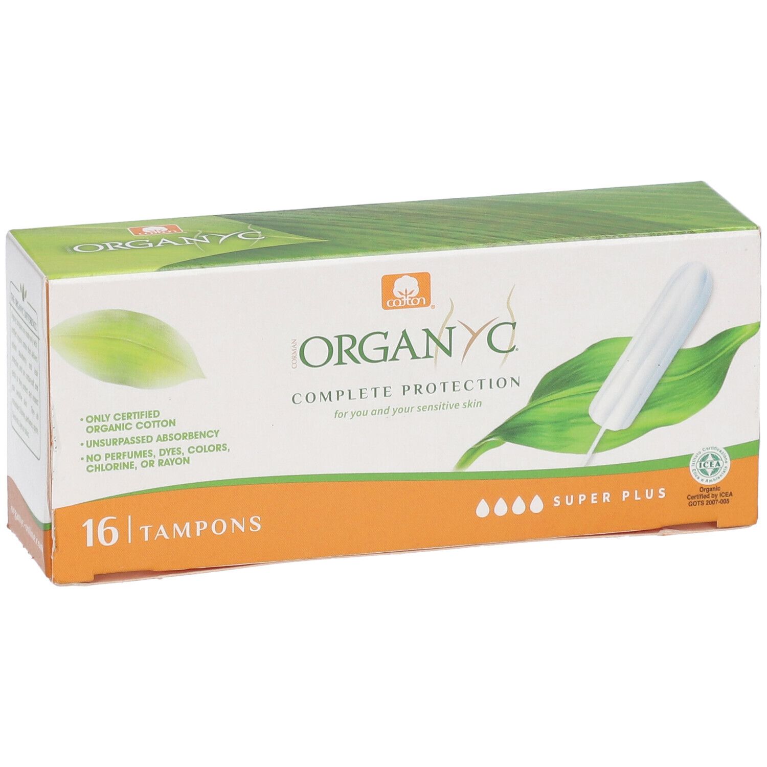 ORGANYC Tampons, 16 Stück, Super Plus. Verpackung mit Produktabbildung und grünen Blättern. Bio-Baumwolle.