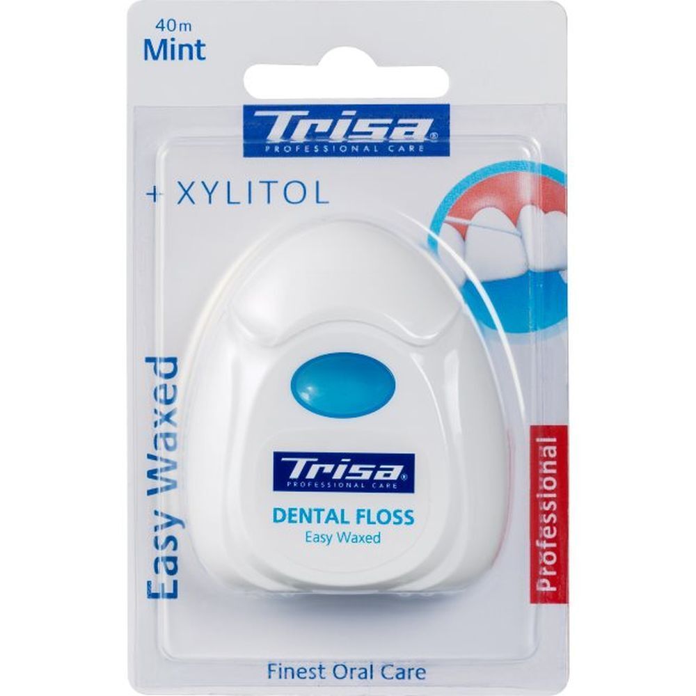 Witte tandenstoker dispenser met blauwe knop. "Trisa" logo en "Xylitol" tekst. In blisterverpakking.