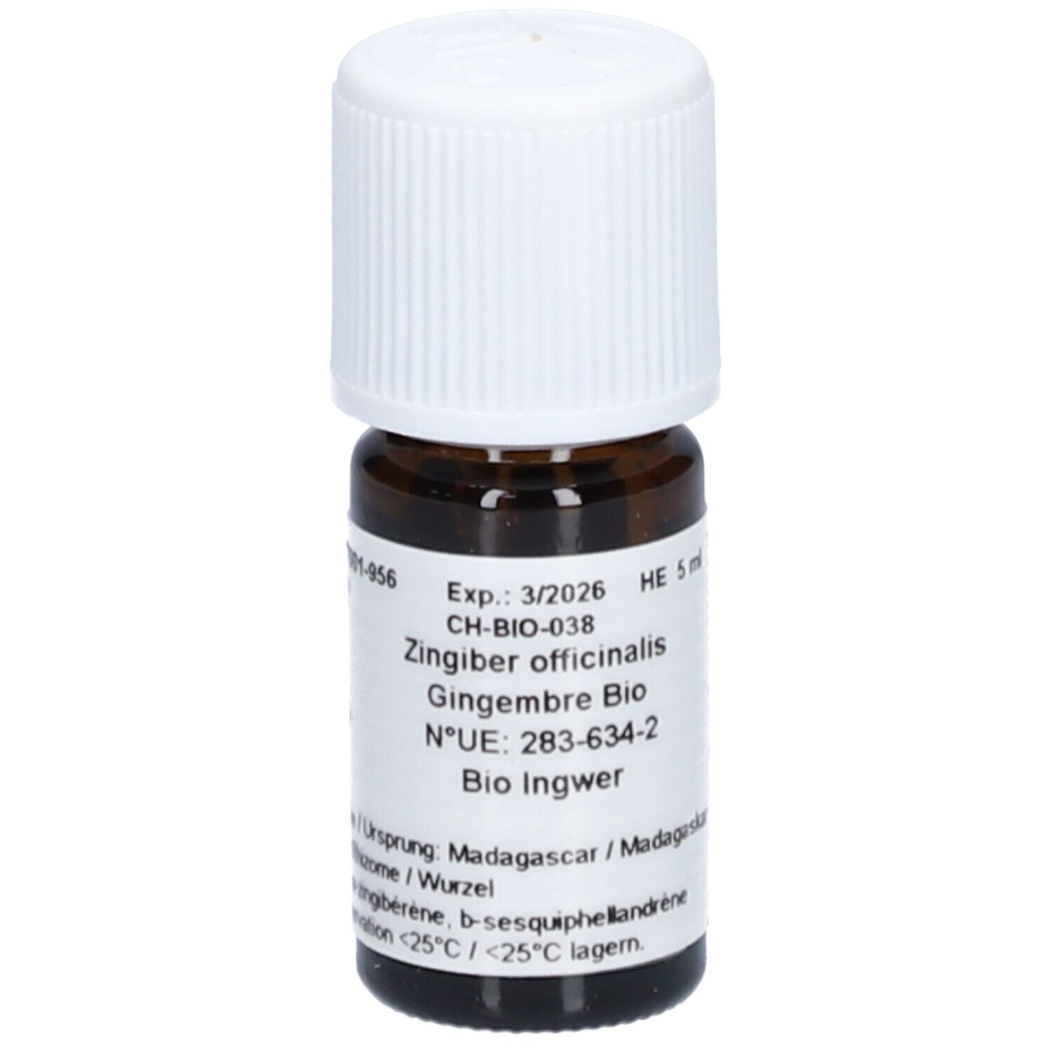 Flacon en verre brun avec bouchon blanc. Étiquette avec texte: Gingembre Bio, Exp. 3/2026, HE 5 ml. Certification.