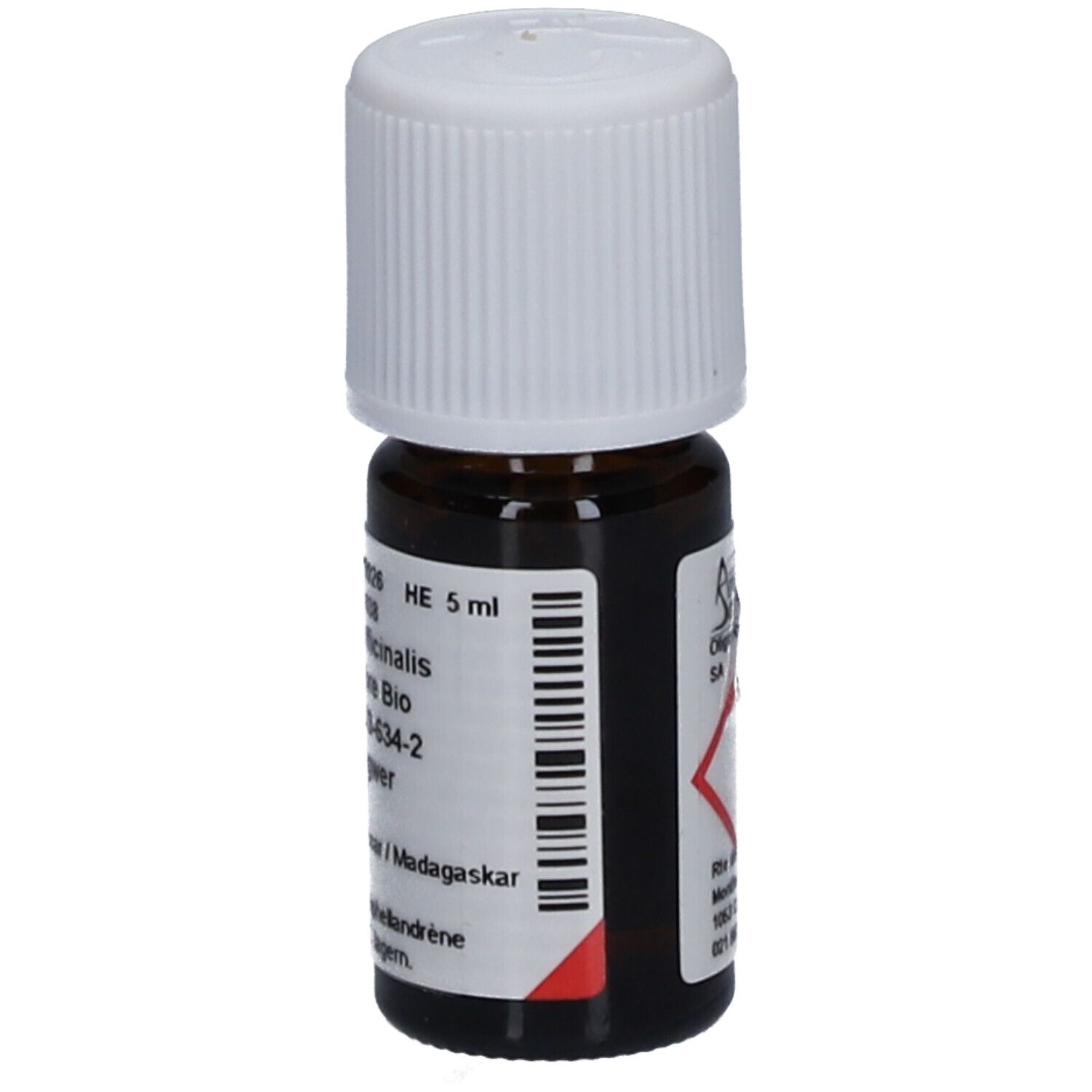 Flacon en verre brun avec bouchon blanc. Étiquette avec texte: HE 5 ml.  Symbole de danger.