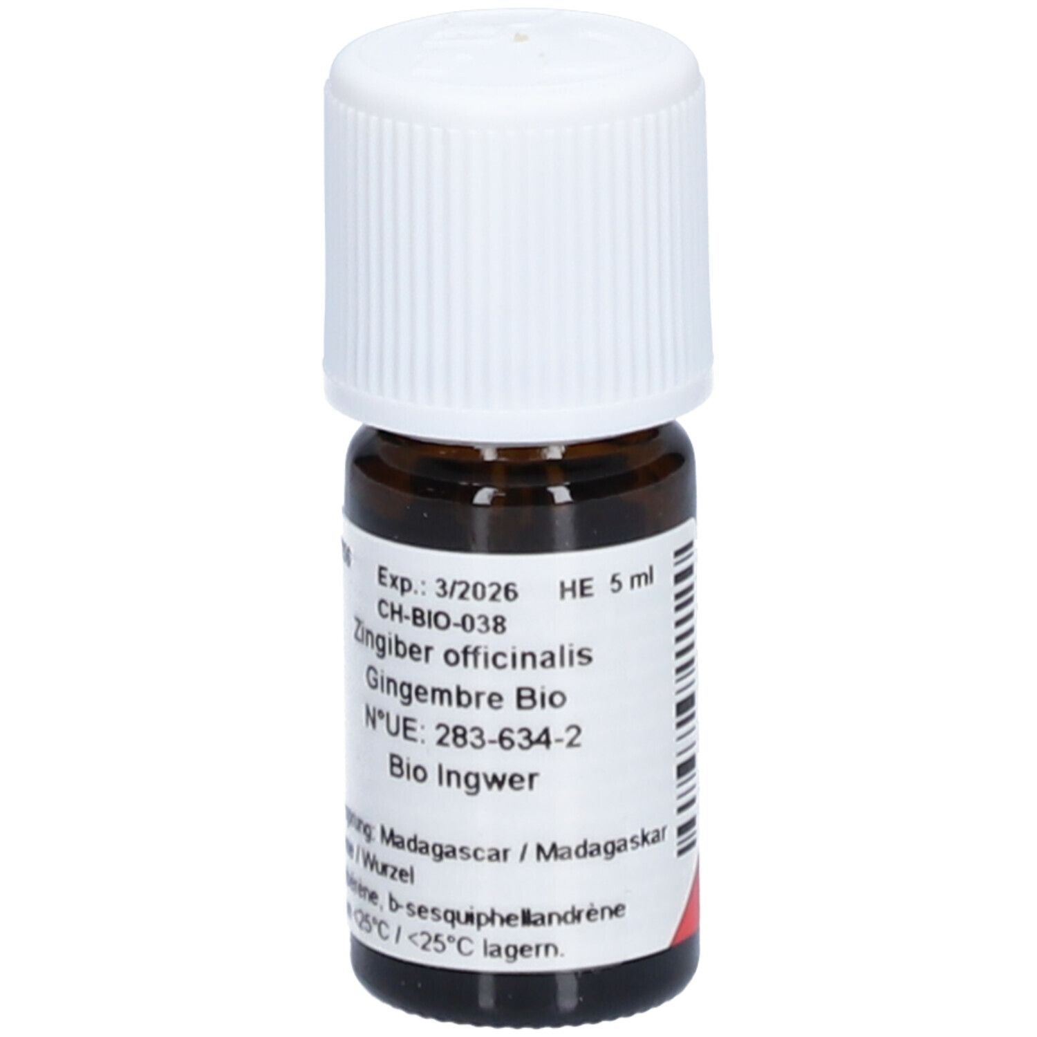 Flacon en verre brun avec bouchon blanc. Étiquette avec texte: Gingembre Bio, Exp. 3/2026, HE 5 ml. Certification.