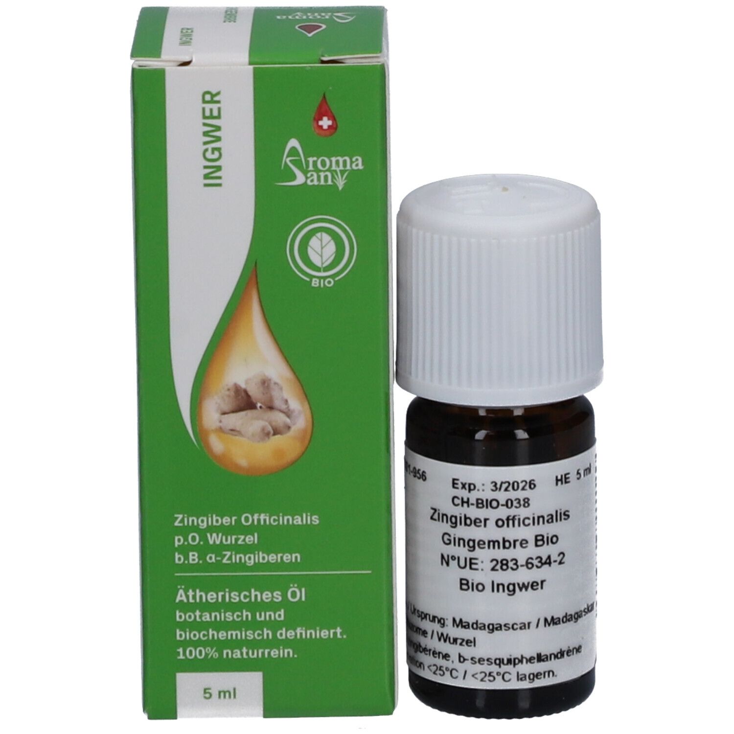 Flacon en verre brun avec bouchon blanc et emballage vert.  Emballage avec texte: Gingembre, 5 ml, AromaSan, Bio.